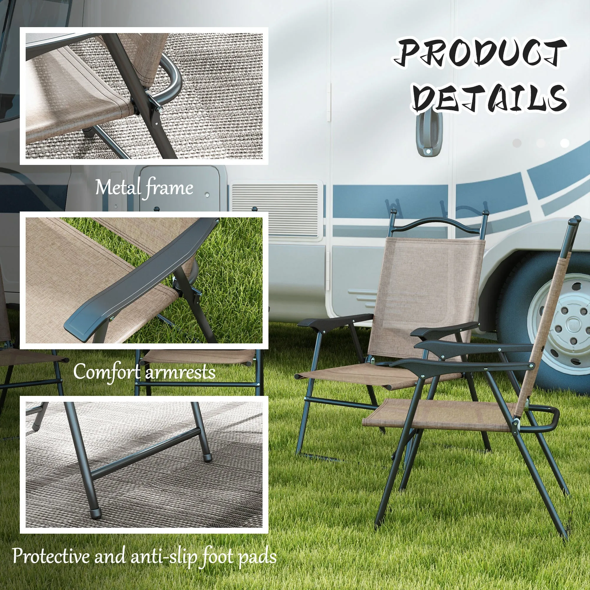 4-Piece Folding Chairs with Armrests & Mesh Seat for Patio, Camping, Lawn, Brown