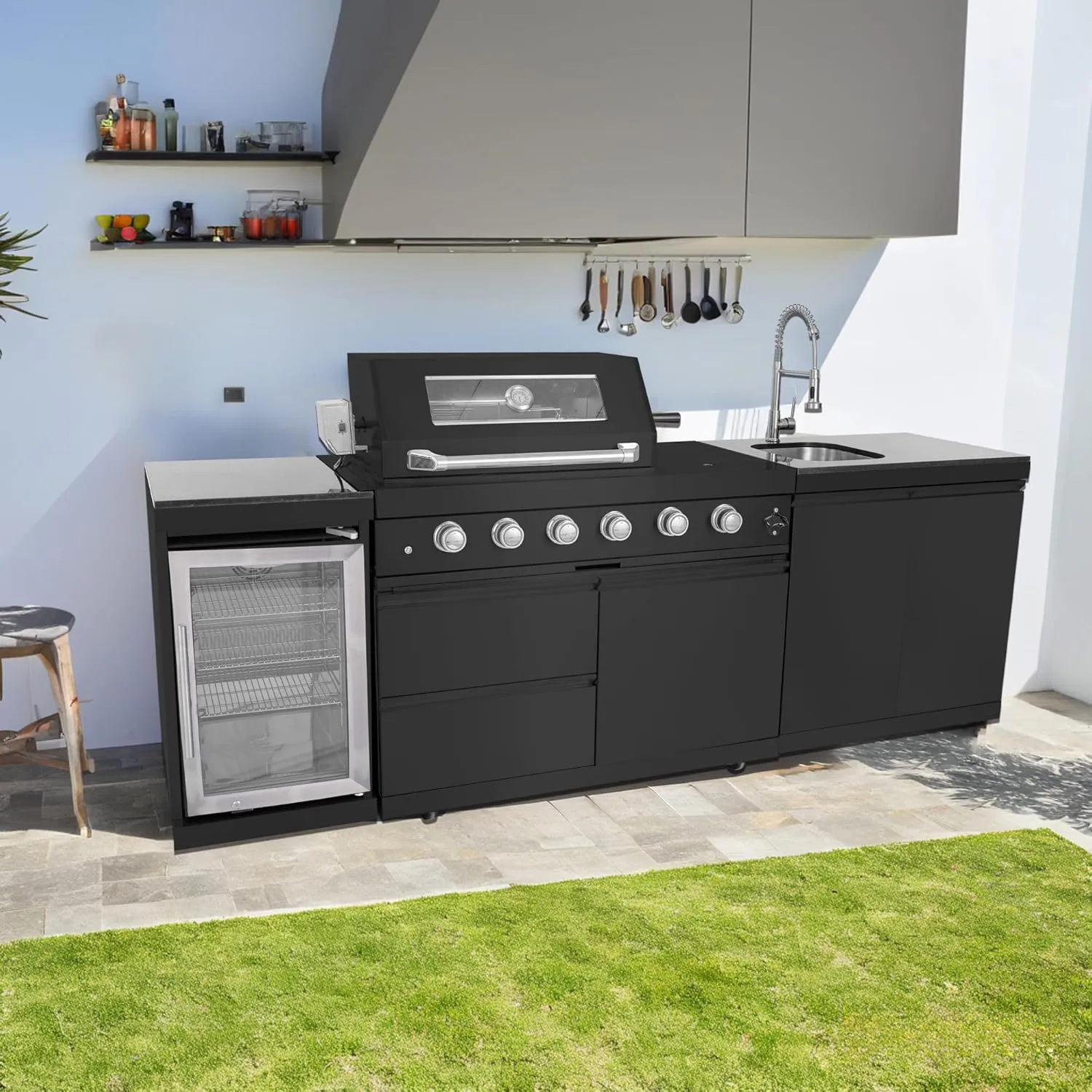 46" 4-Burner 72000 BTU Deluxe Outdoor Kitchen BBQ Island - Stainless Steel Grill with Rotisserie Kit, Wine Cooler, Compact Fridge, Granite Countertops & Sink, Black