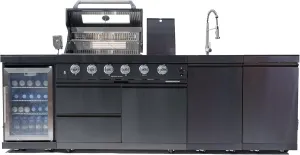 46" 4-Burner 72000 BTU Deluxe Outdoor Kitchen BBQ Island - Stainless Steel Grill with Rotisserie Kit, Wine Cooler, Compact Fridge, Granite Countertops & Sink, Black