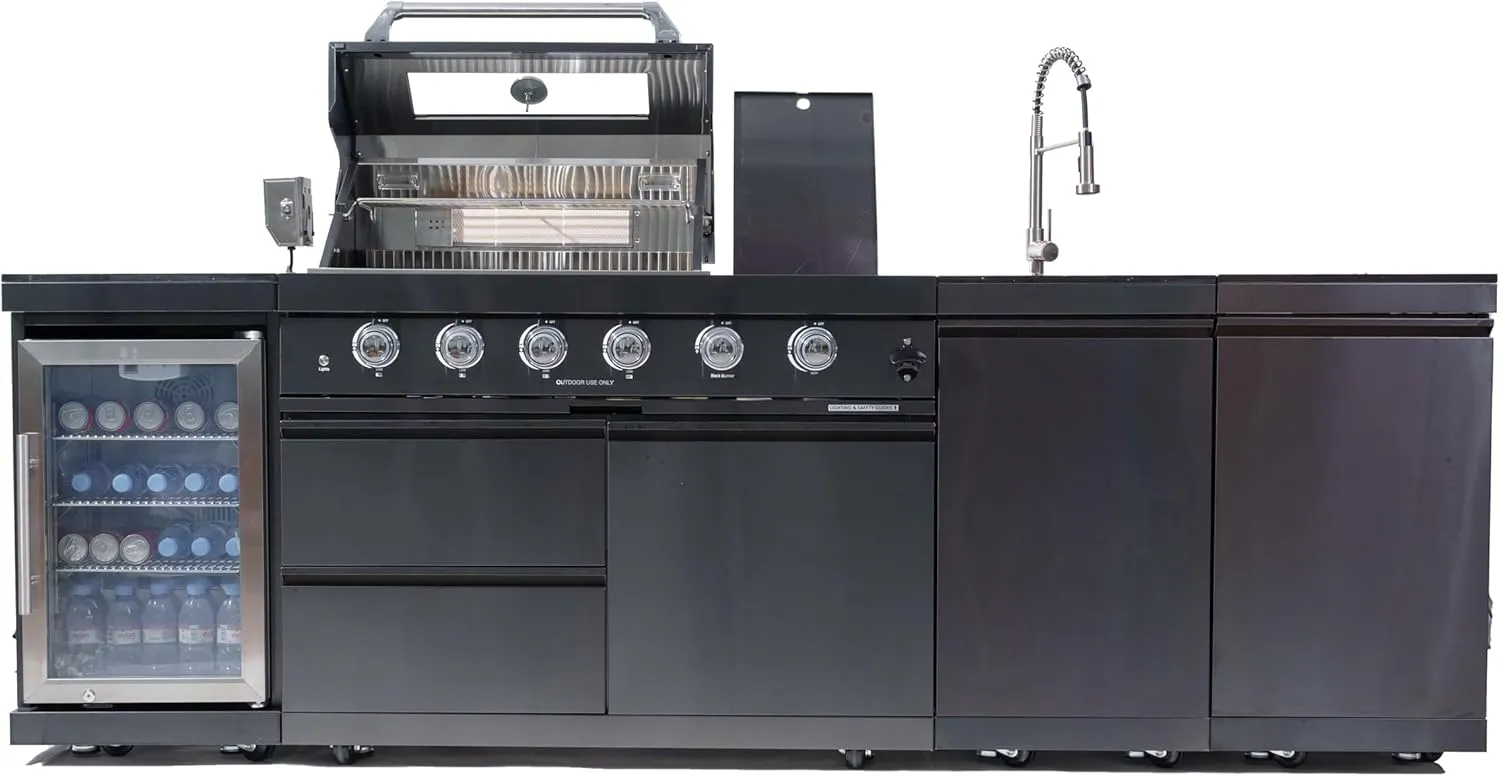 46" 4-Burner 72000 BTU Deluxe Outdoor Kitchen BBQ Island - Stainless Steel Grill with Rotisserie Kit, Wine Cooler, Compact Fridge, Granite Countertops & Sink, Black