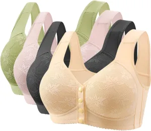 4pcs Lace Bras for Women Front Button Floral Print Wire Free Comfortable Supportive Bralette Multi-Pack Everyday Bra