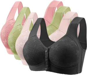 4pcs Lace Bras for Women Front Button Floral Print Wire Free Comfortable Supportive Bralette Multi-Pack Everyday Bra