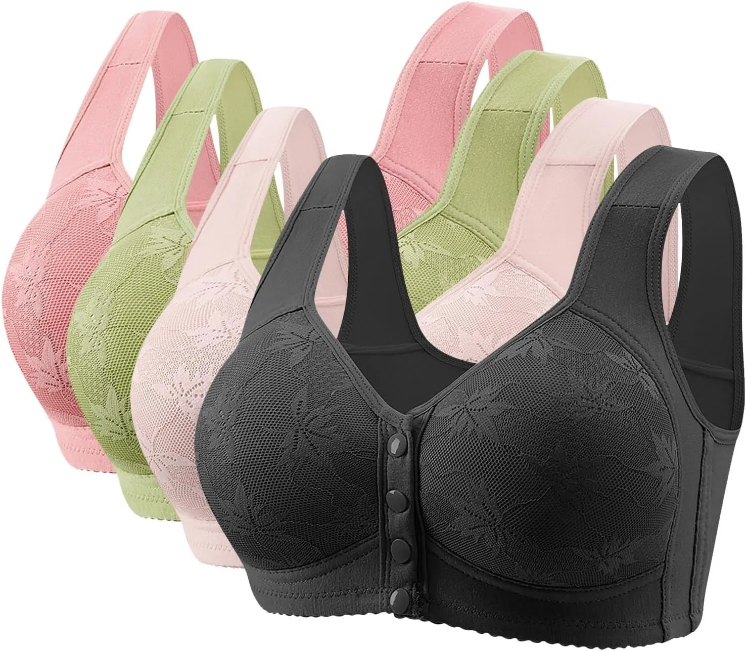4pcs Lace Bras for Women Front Button Floral Print Wire Free Comfortable Supportive Bralette Multi-Pack Everyday Bra