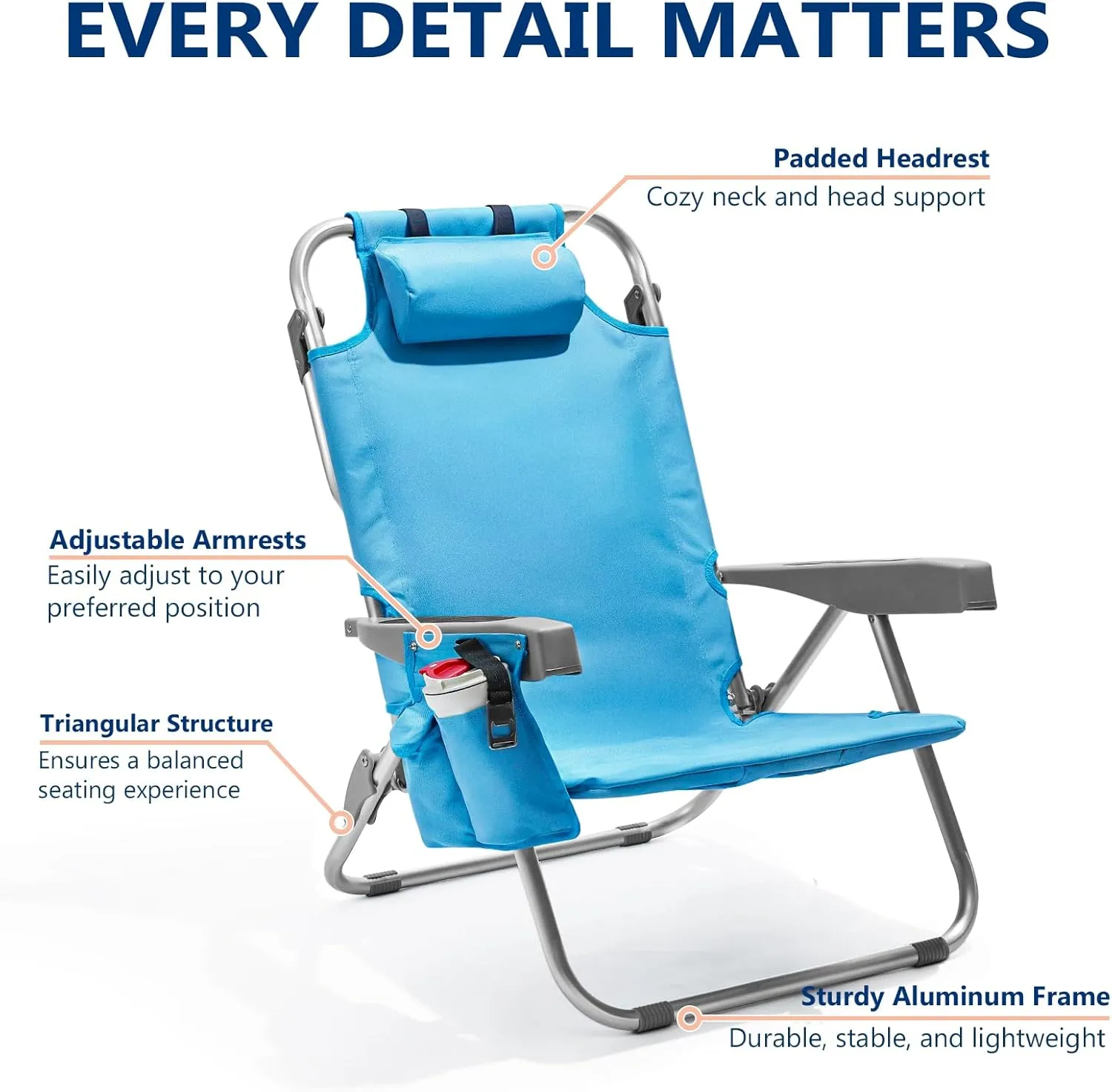 5-Position Aluminum Lay Flat Tall Backpack Beach Chairs 2 Pack, Compact Portable Beach Chairs for Adults, Beach Chair with Cooler Pouch, Storage Pouch, Towel Bar, Cup Holder & Phone Holder, Blue
