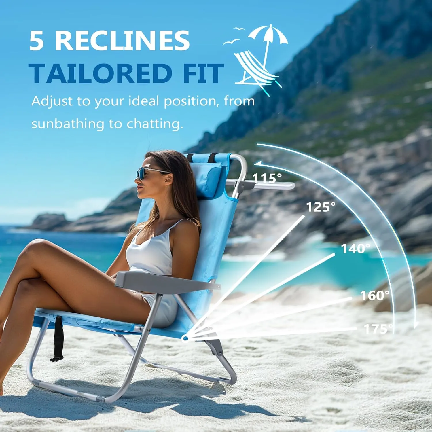 5-Position Aluminum Lay Flat Tall Backpack Beach Chairs 2 Pack, Compact Portable Beach Chairs for Adults, Beach Chair with Cooler Pouch, Storage Pouch, Towel Bar, Cup Holder & Phone Holder, Blue