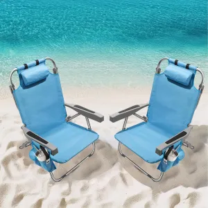 5-Position Aluminum Lay Flat Tall Backpack Beach Chairs 2 Pack, Compact Portable Beach Chairs for Adults, Beach Chair with Cooler Pouch, Storage Pouch, Towel Bar, Cup Holder & Phone Holder, Blue