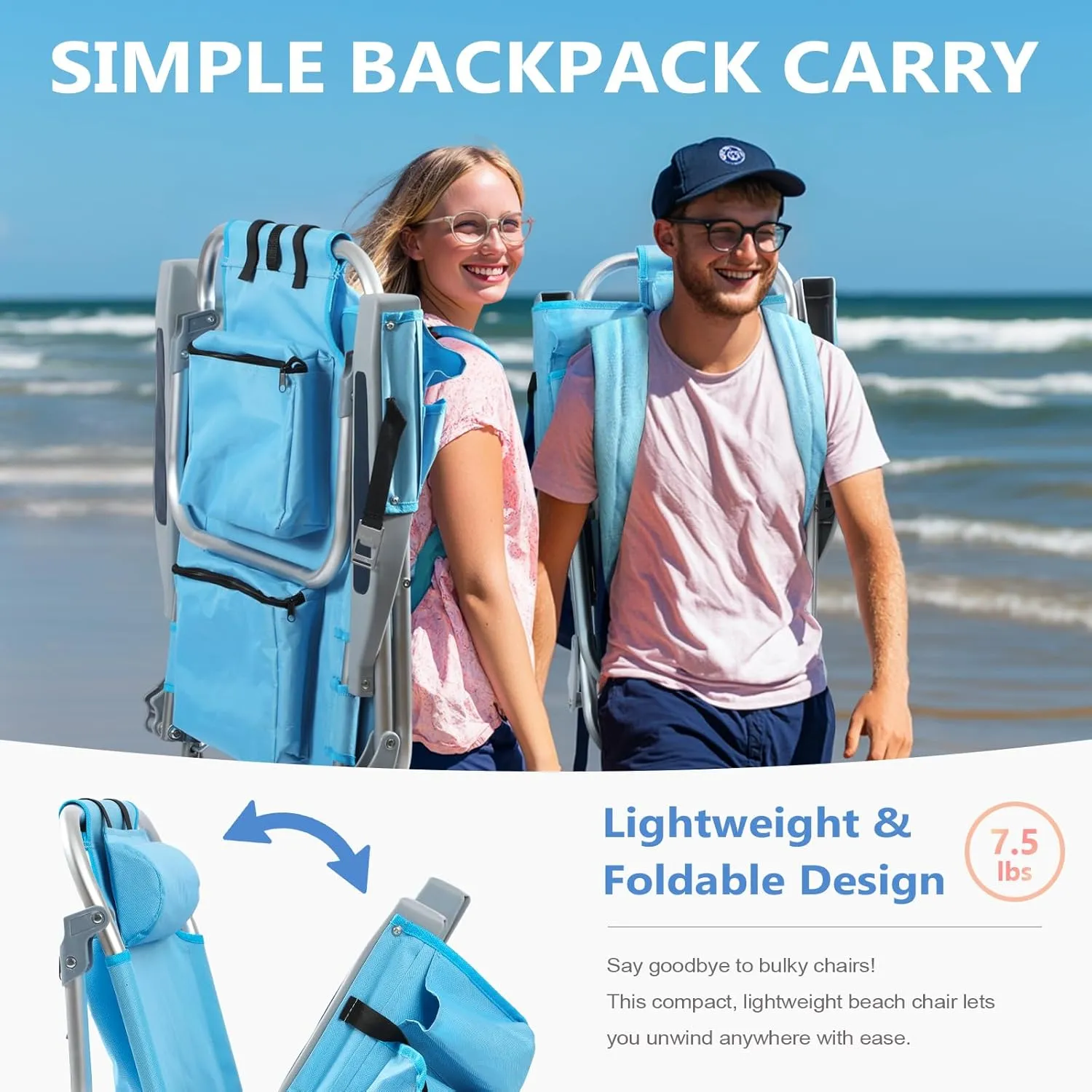5-Position Aluminum Lay Flat Tall Backpack Beach Chairs 2 Pack, Compact Portable Beach Chairs for Adults, Beach Chair with Cooler Pouch, Storage Pouch, Towel Bar, Cup Holder & Phone Holder, Blue