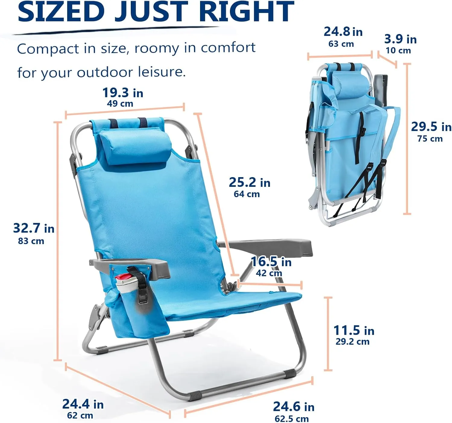 5-Position Aluminum Lay Flat Tall Backpack Beach Chairs 2 Pack, Compact Portable Beach Chairs for Adults, Beach Chair with Cooler Pouch, Storage Pouch, Towel Bar, Cup Holder & Phone Holder, Blue