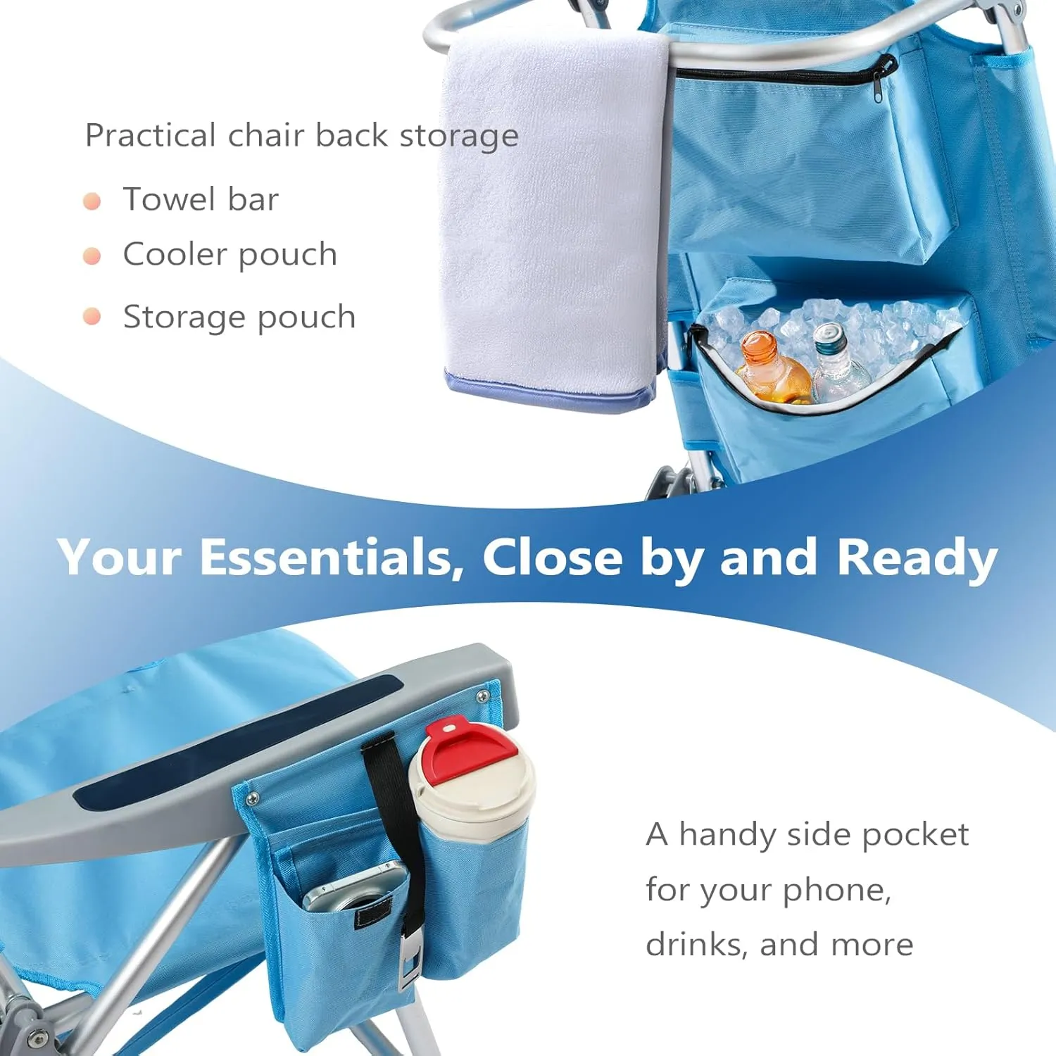 5-Position Aluminum Lay Flat Tall Backpack Beach Chairs 2 Pack, Compact Portable Beach Chairs for Adults, Beach Chair with Cooler Pouch, Storage Pouch, Towel Bar, Cup Holder & Phone Holder, Blue