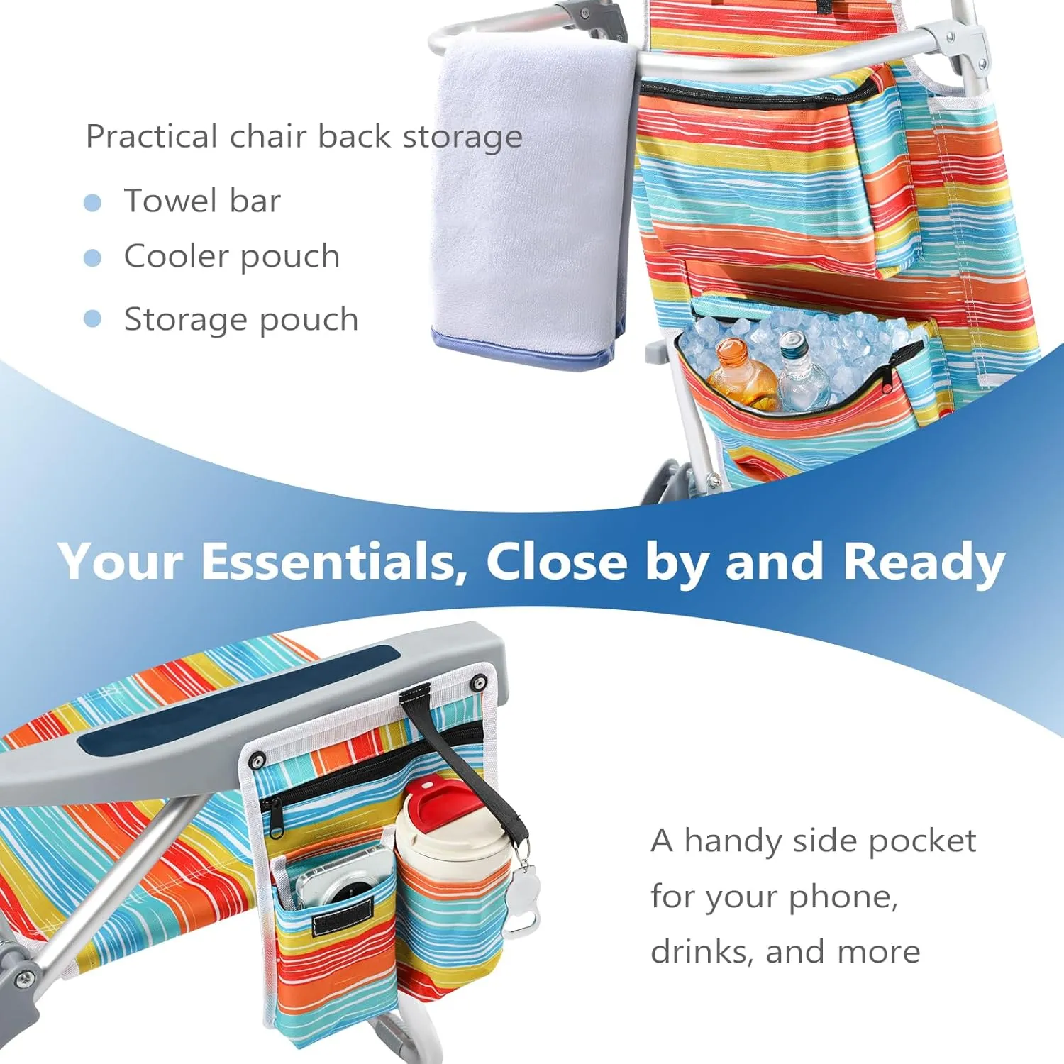 5-Position Aluminum Lay Flat Tall Beach Chair, Compact Portable Backpack Beach Chair for Adults with Cooler Pouch, Storage Pouch, Towel Bar, Cup Holder & Phone Holder, Multicolor Stripe