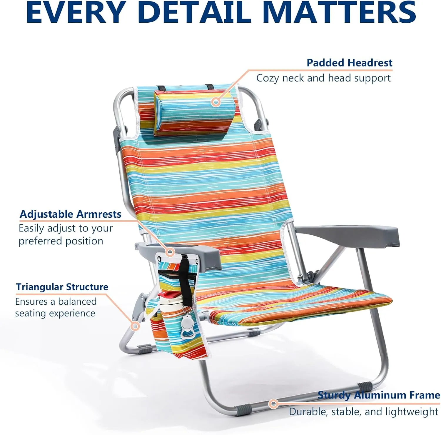 5-Position Aluminum Lay Flat Tall Beach Chair, Compact Portable Backpack Beach Chair for Adults with Cooler Pouch, Storage Pouch, Towel Bar, Cup Holder & Phone Holder, Multicolor Stripe