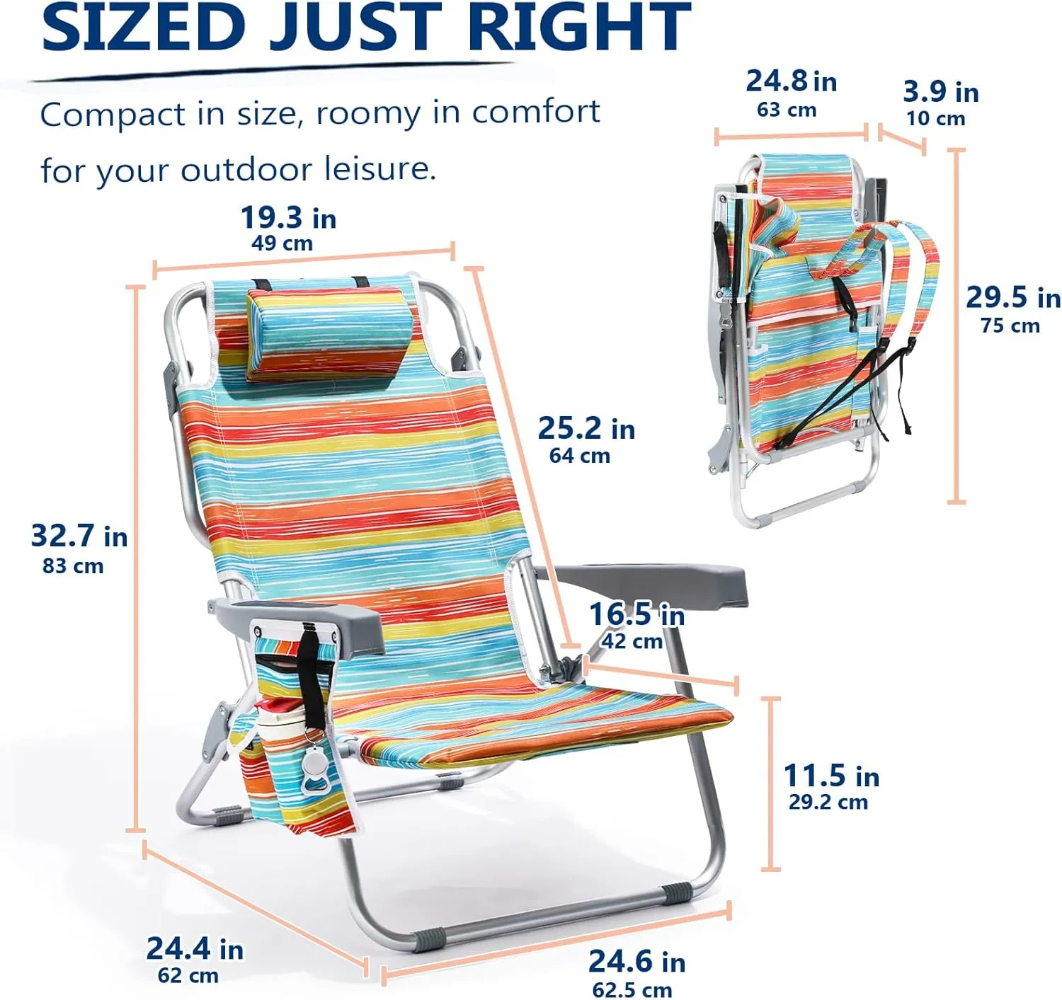 5-Position Aluminum Lay Flat Tall Beach Chair, Compact Portable Backpack Beach Chair for Adults with Cooler Pouch, Storage Pouch, Towel Bar, Cup Holder & Phone Holder, Multicolor Stripe