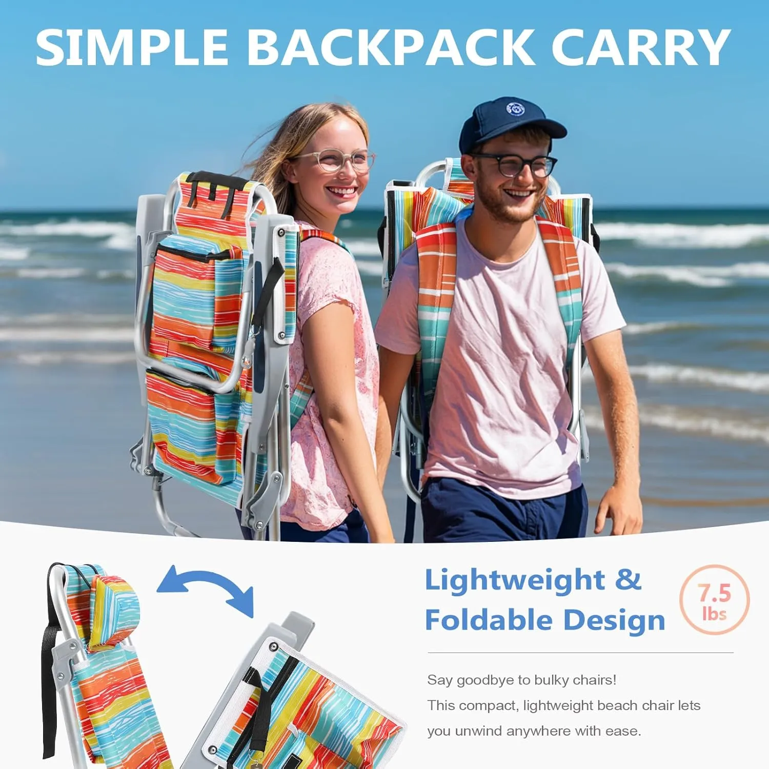5-Position Aluminum Lay Flat Tall Beach Chair, Compact Portable Backpack Beach Chair for Adults with Cooler Pouch, Storage Pouch, Towel Bar, Cup Holder & Phone Holder, Multicolor Stripe