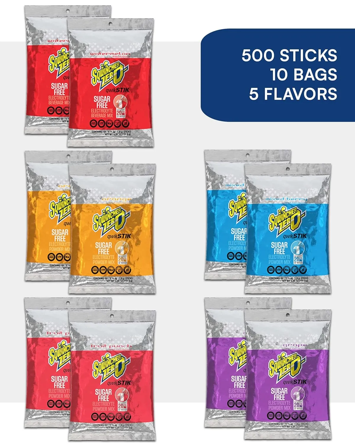 500-Pack Electrolyte Powder Packets by Sqwincher ZERO Qwik Stik- Sugar-Free Drink Mix, Assorted Flavors, 500-Pack - Hydration Packets with Multi-Flavor
