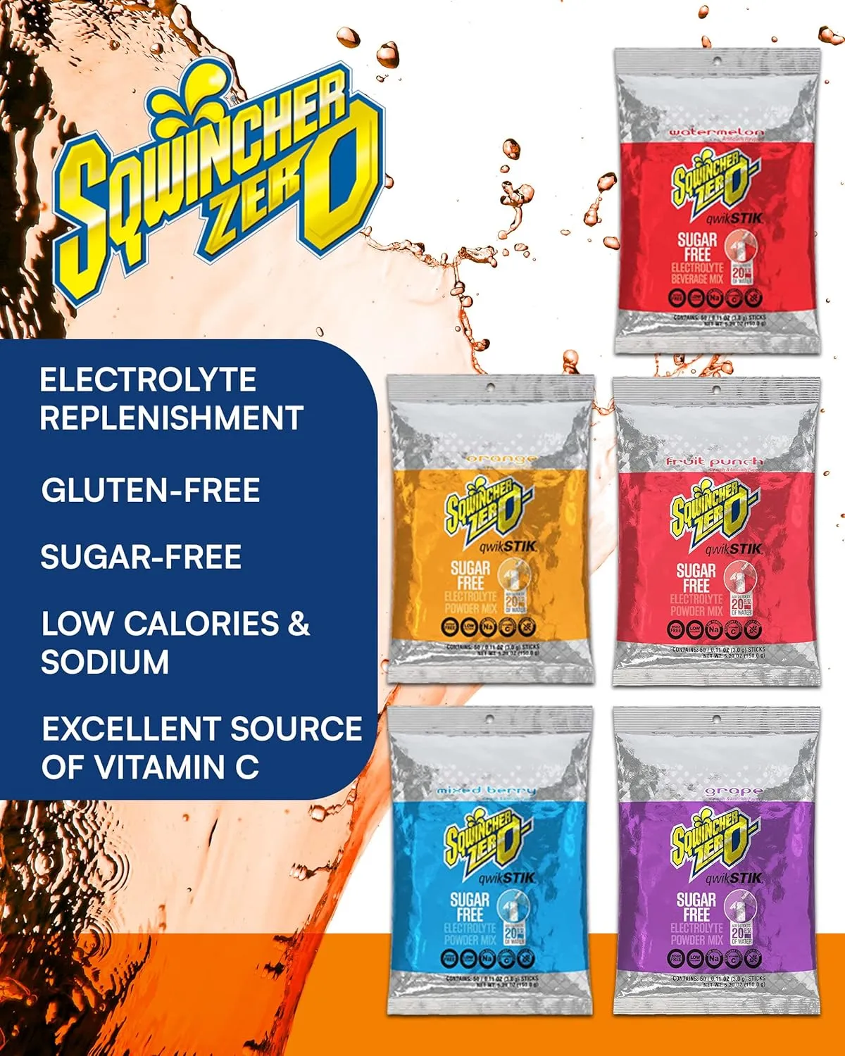 500-Pack Electrolyte Powder Packets by Sqwincher ZERO Qwik Stik- Sugar-Free Drink Mix, Assorted Flavors, 500-Pack - Hydration Packets with Multi-Flavor