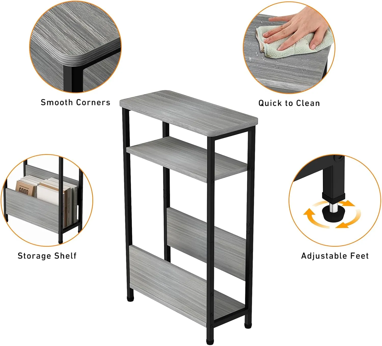 7.1" Narrow Side Table for Small Spaces, 3 Tier Small End Table with Magazine Holder, Slim/Skinny Nightstand/Bedside Table for Living Room, Bedroom, 15.4" L x 24.2" H, Gray