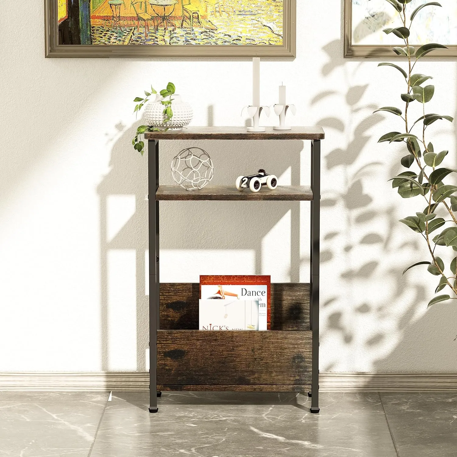 7.1" Narrow Side Table for Small Spaces, 3 Tier Small End Table with Magazine Holder, Slim/Skinny Nightstand/Bedside Table for Living Room, Bedroom, 15.4" L x 24.2" H