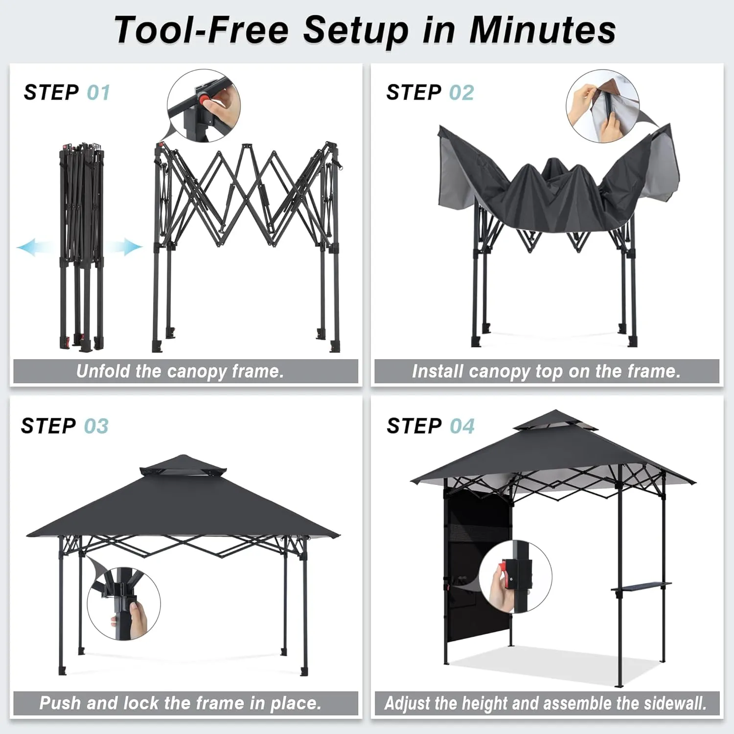 ABCCANOPY 8x5 Pop Up Grill Gazebo - Outdoor BBQ Canopy with Shelf & Sidewall, Portable Barbeque Shelter with 2 Magnetic LED Lights, Carry Bag for Patio Garden Events Picnic Grilling, Dark Gray