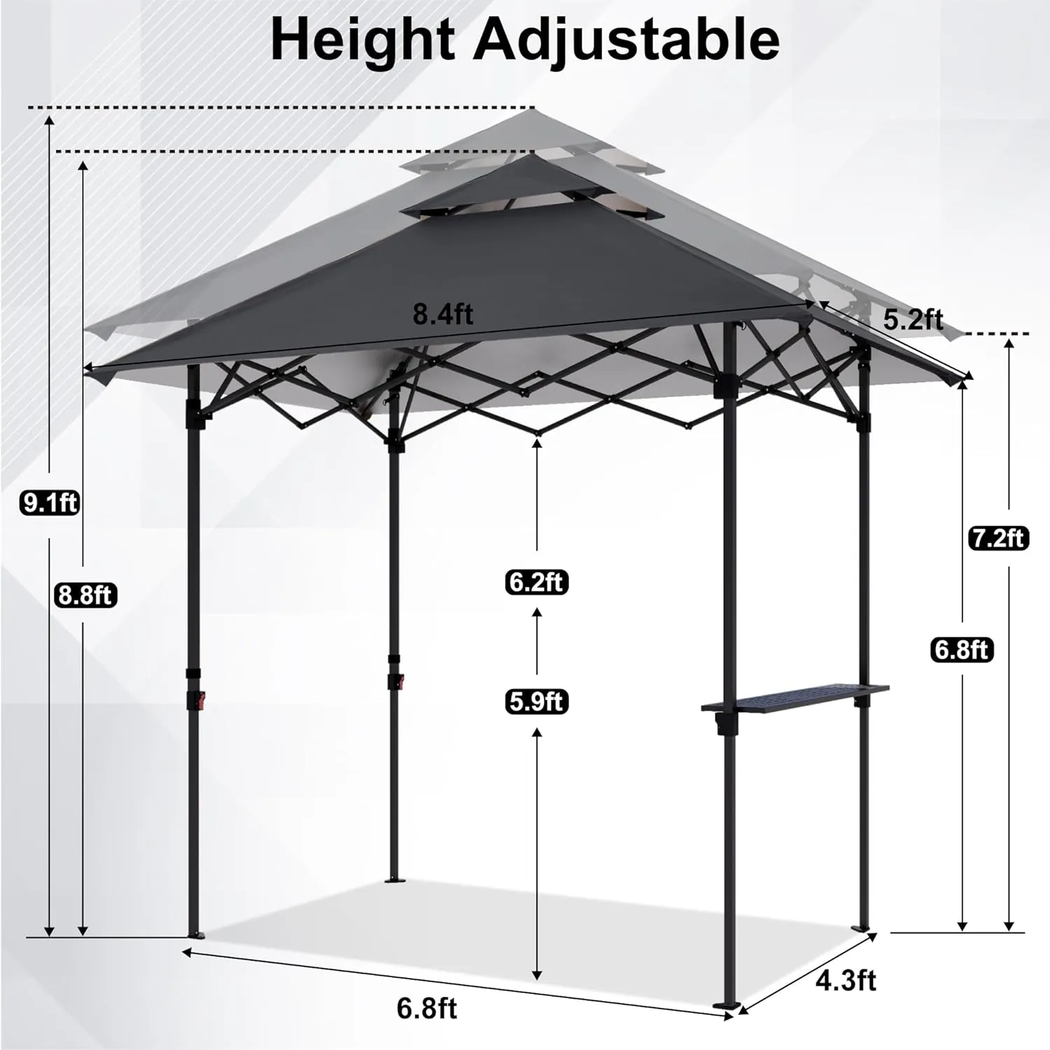 ABCCANOPY 8x5 Pop Up Grill Gazebo - Outdoor BBQ Canopy with Shelf & Sidewall, Portable Barbeque Shelter with 2 Magnetic LED Lights, Carry Bag for Patio Garden Events Picnic Grilling, Dark Gray
