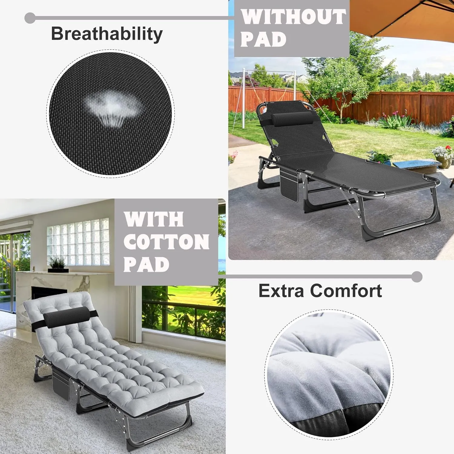 ABORON 5 Positions Camping Cots for Adults,Outdoor Folding Sleeping Cot/Mat,Folding Chaise Lounge Chair with Pillow,Portable Reclining Chair for Beach Lawn Camping Pool,Sunbathing Chairs