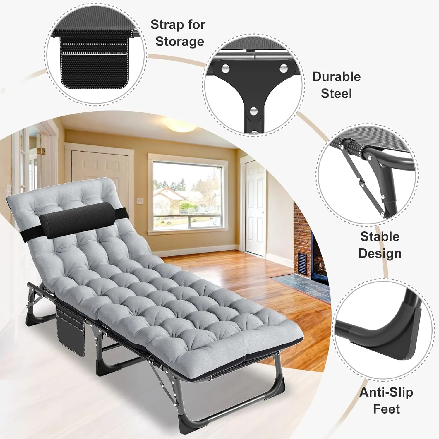 ABORON 5 Positions Camping Cots for Adults,Outdoor Folding Sleeping Cot/Mat,Folding Chaise Lounge Chair with Pillow,Portable Reclining Chair for Beach Lawn Camping Pool,Sunbathing Chairs