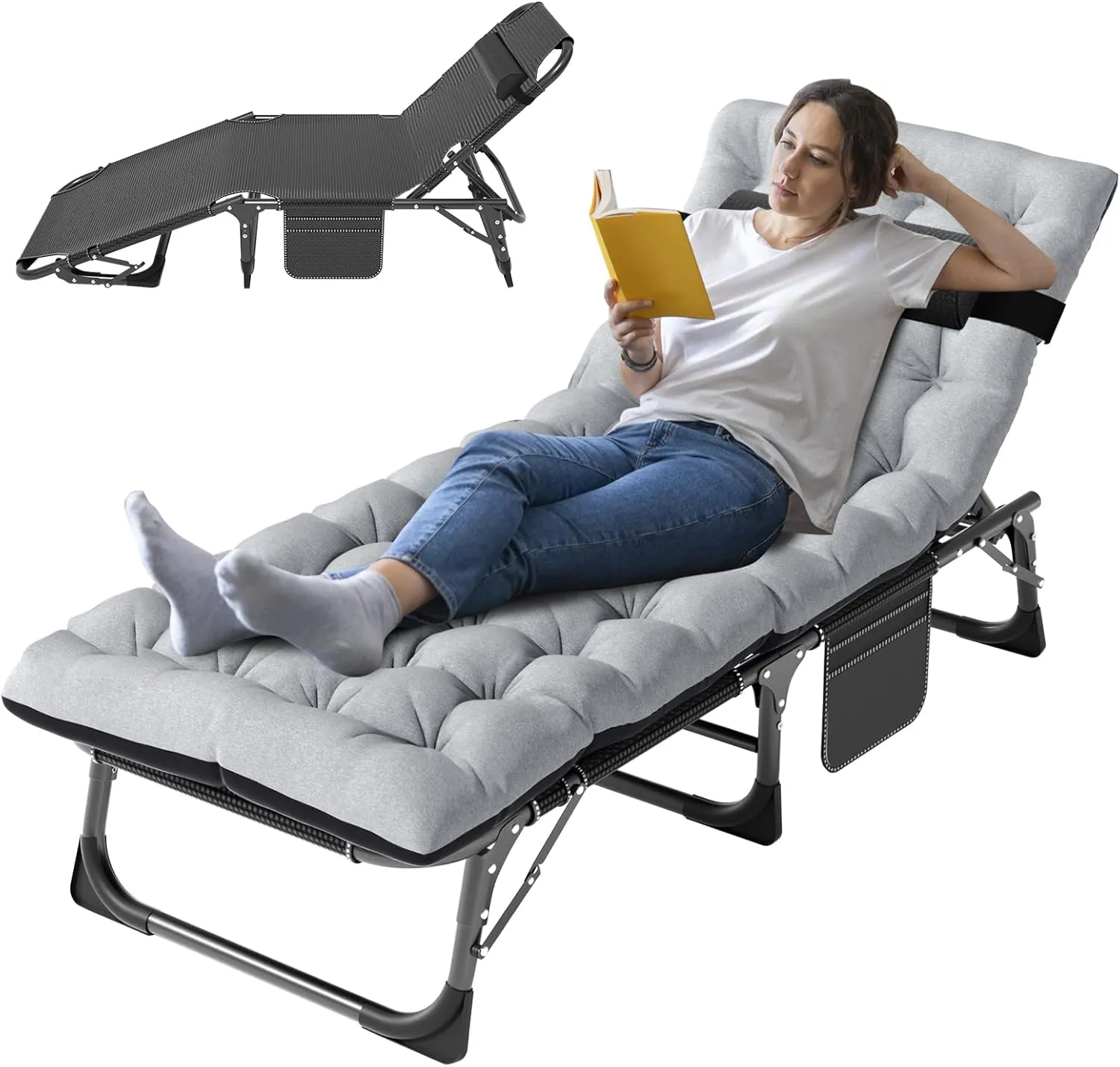ABORON 5 Positions Camping Cots for Adults,Outdoor Folding Sleeping Cot/Mat,Folding Chaise Lounge Chair with Pillow,Portable Reclining Chair for Beach Lawn Camping Pool,Sunbathing Chairs