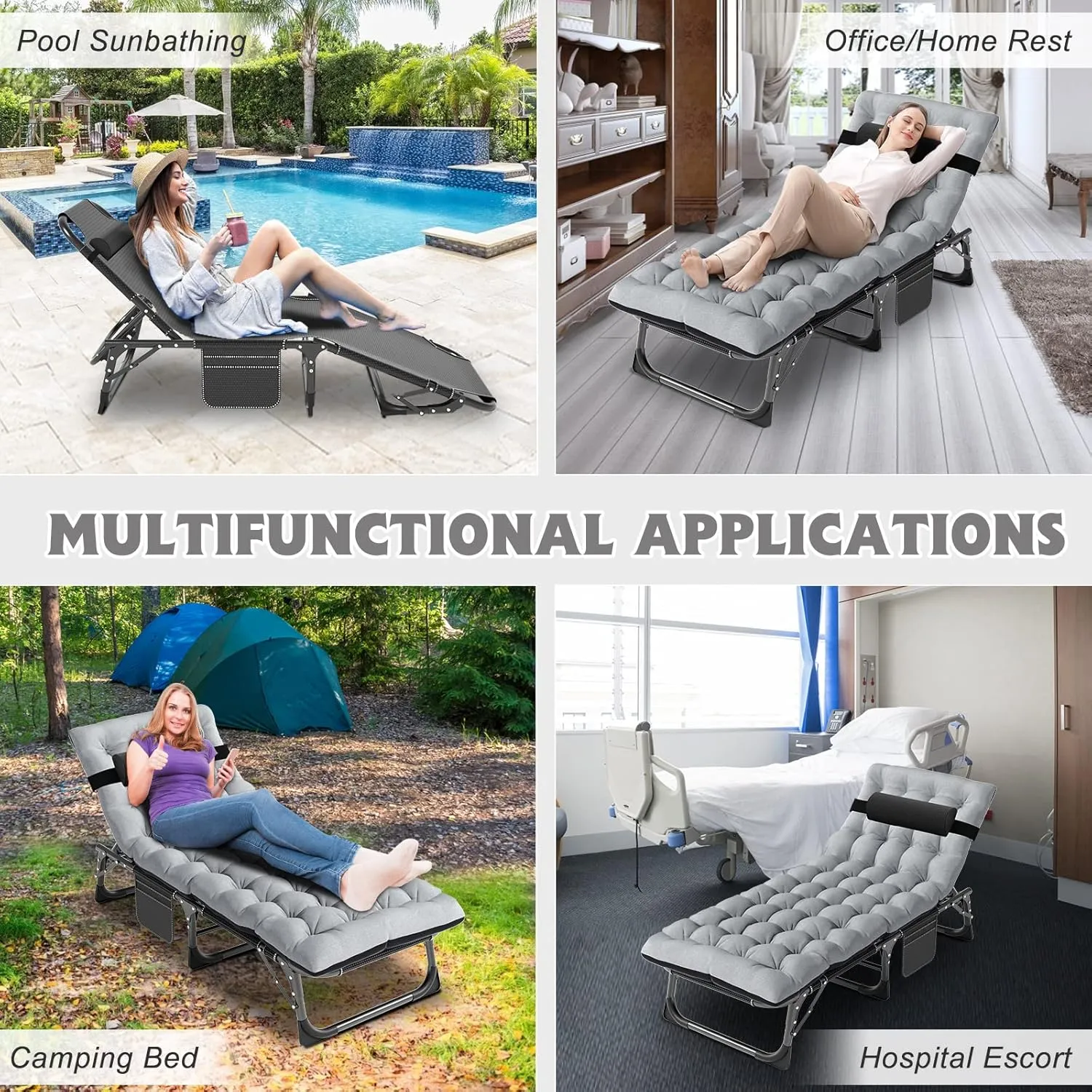 ABORON 5 Positions Camping Cots for Adults,Outdoor Folding Sleeping Cot/Mat,Folding Chaise Lounge Chair with Pillow,Portable Reclining Chair for Beach Lawn Camping Pool,Sunbathing Chairs