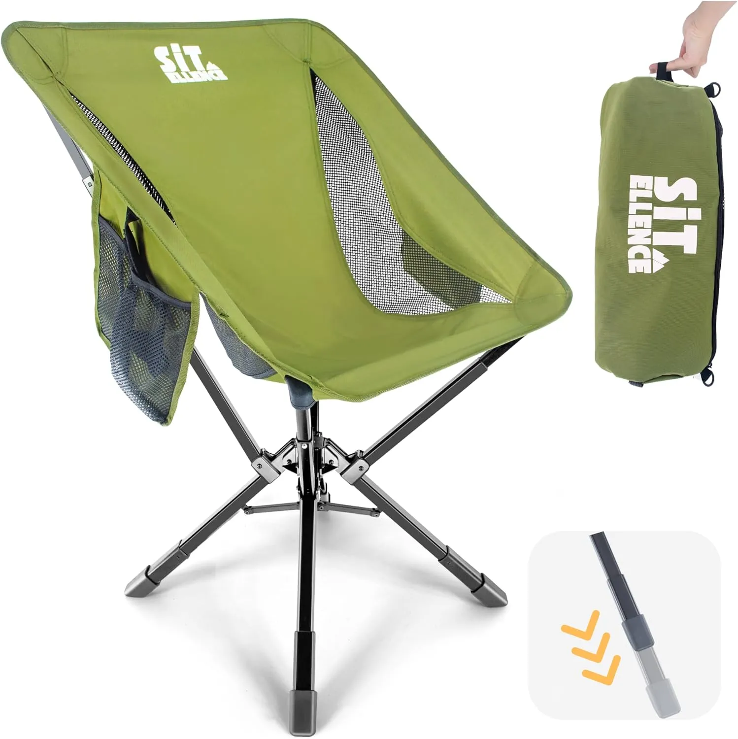 ADJ-Q2 Portable Camping Chair - Adjustable Height Folding Chair, Compact Collapsible Chair, Heavy Duty Outdoor Chair for Camping, Beach, Sports, Supports 350LBS, Leg-Base Enhanced - Green 2025 Edition