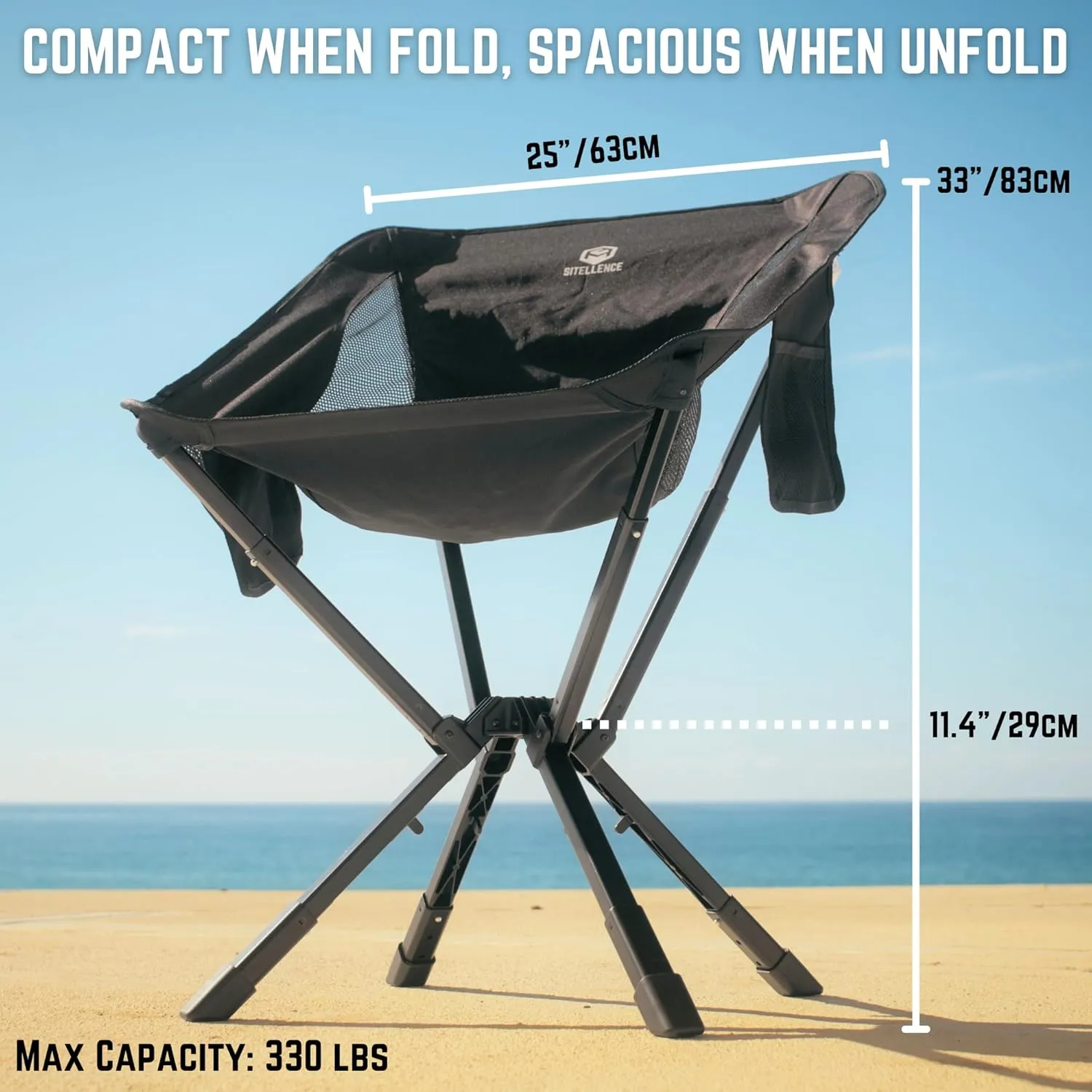 ADJ-S2 Portable Camping Chair - Adjustable Height Folding Chair, Compact Collapsible Chair Setup in 8s, Outdoor Chair for Camping, Beach, Sports/Music Events, Supports 330LBS - Black 2025 Edition