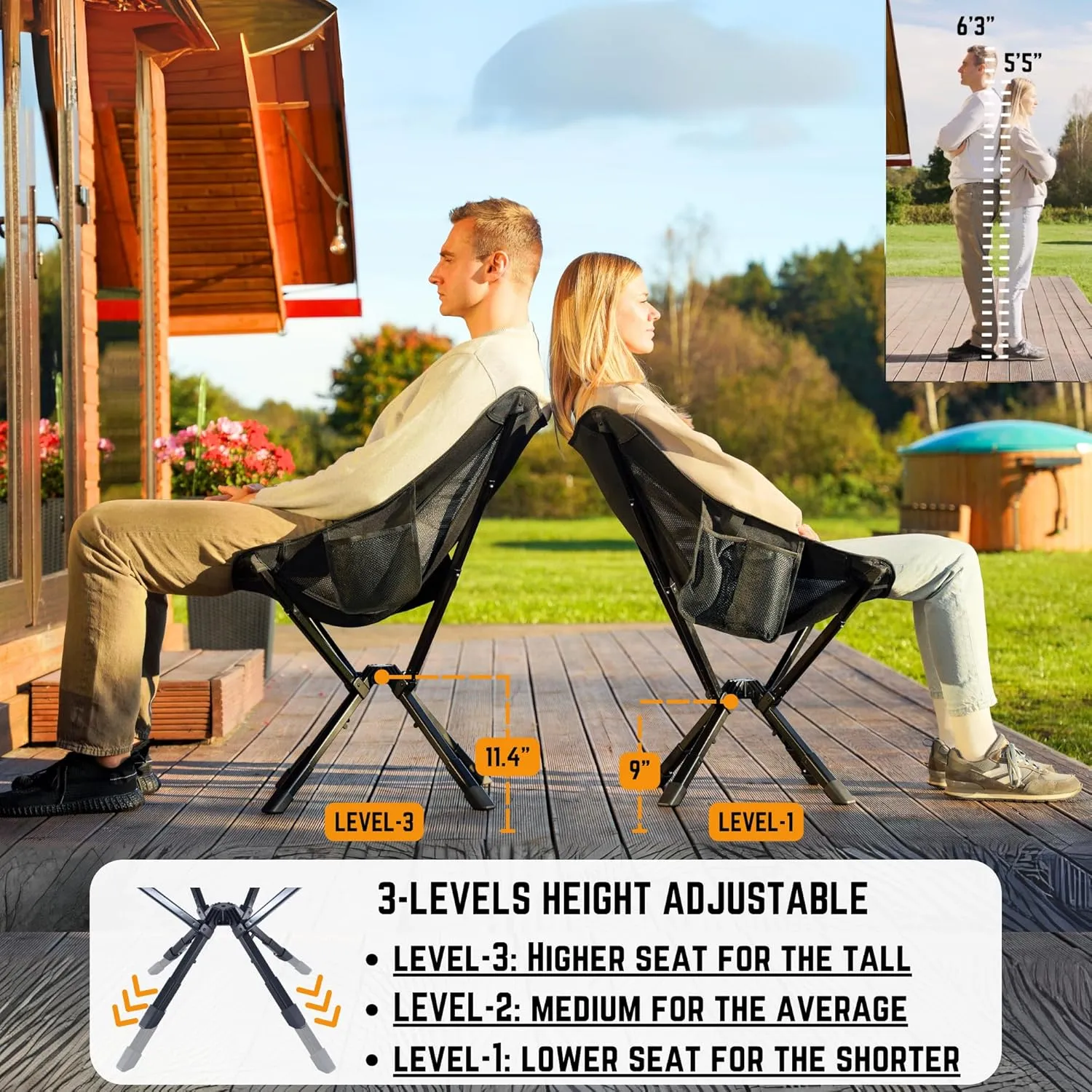 ADJ-S2 Portable Camping Chair - Adjustable Height Folding Chair, Compact Collapsible Chair Setup in 8s, Outdoor Chair for Camping, Beach, Sports/Music Events, Supports 330LBS - Black 2025 Edition