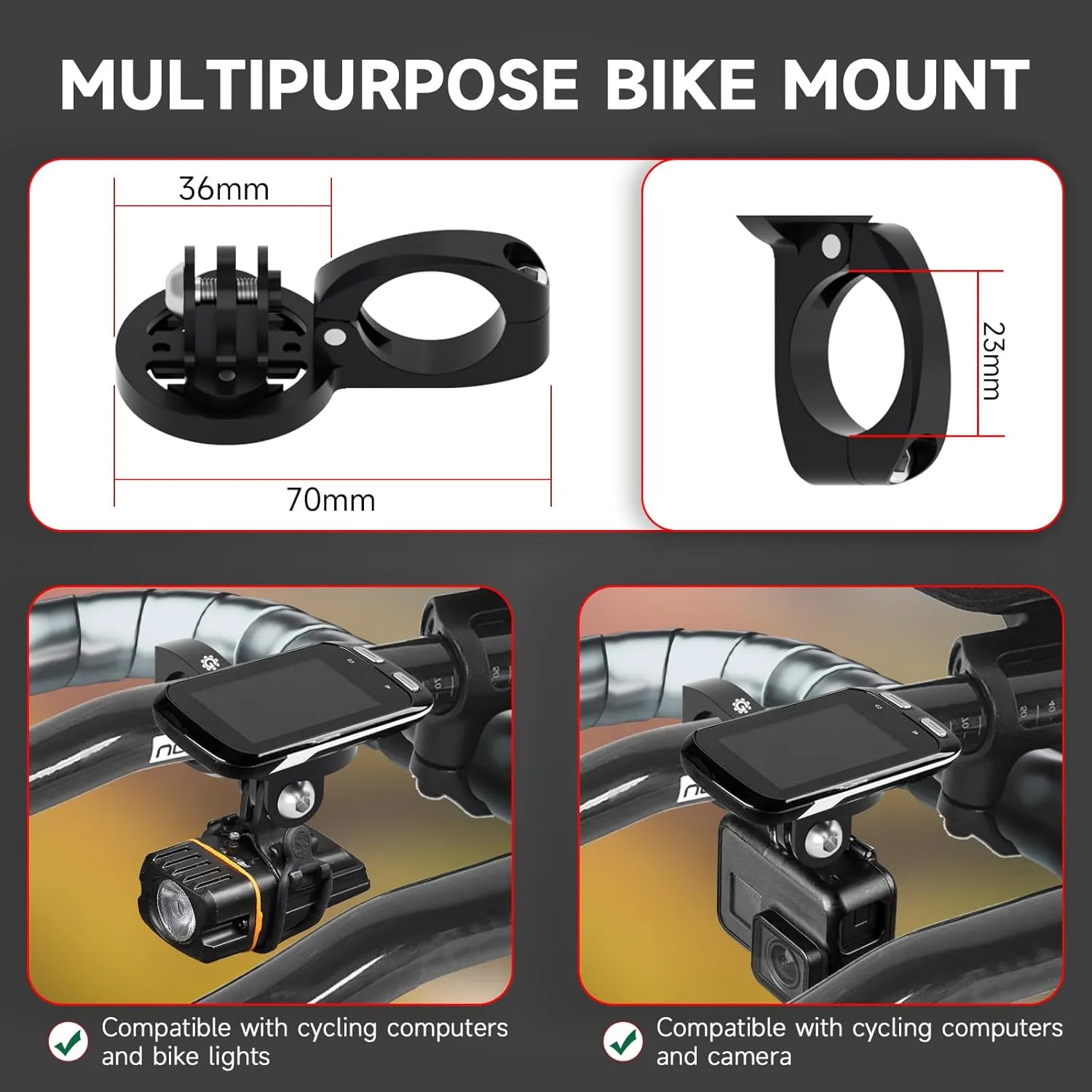 Aero Bars Mount for Wahoo - Bike Computer Mount for Garmin Edge Wahoo Element Bolt Mini Cateye Bryton GoPro Action Camera and Flashlight, for Aero Bar, TT Bars, Tri Bars for Road and Triathlon Bikes