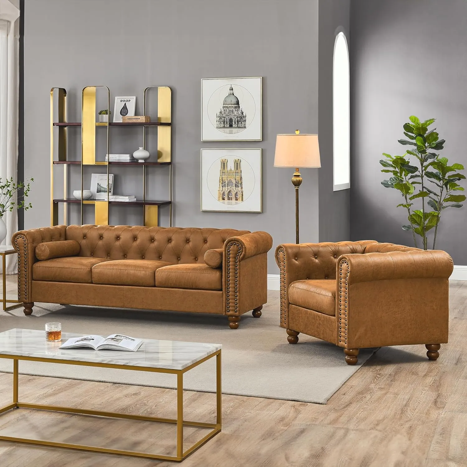 Air Leather Chesterfield Chair Club Chair, Tufted Single Sofa for Living Room, Accent Armchair with Nailhead Trim