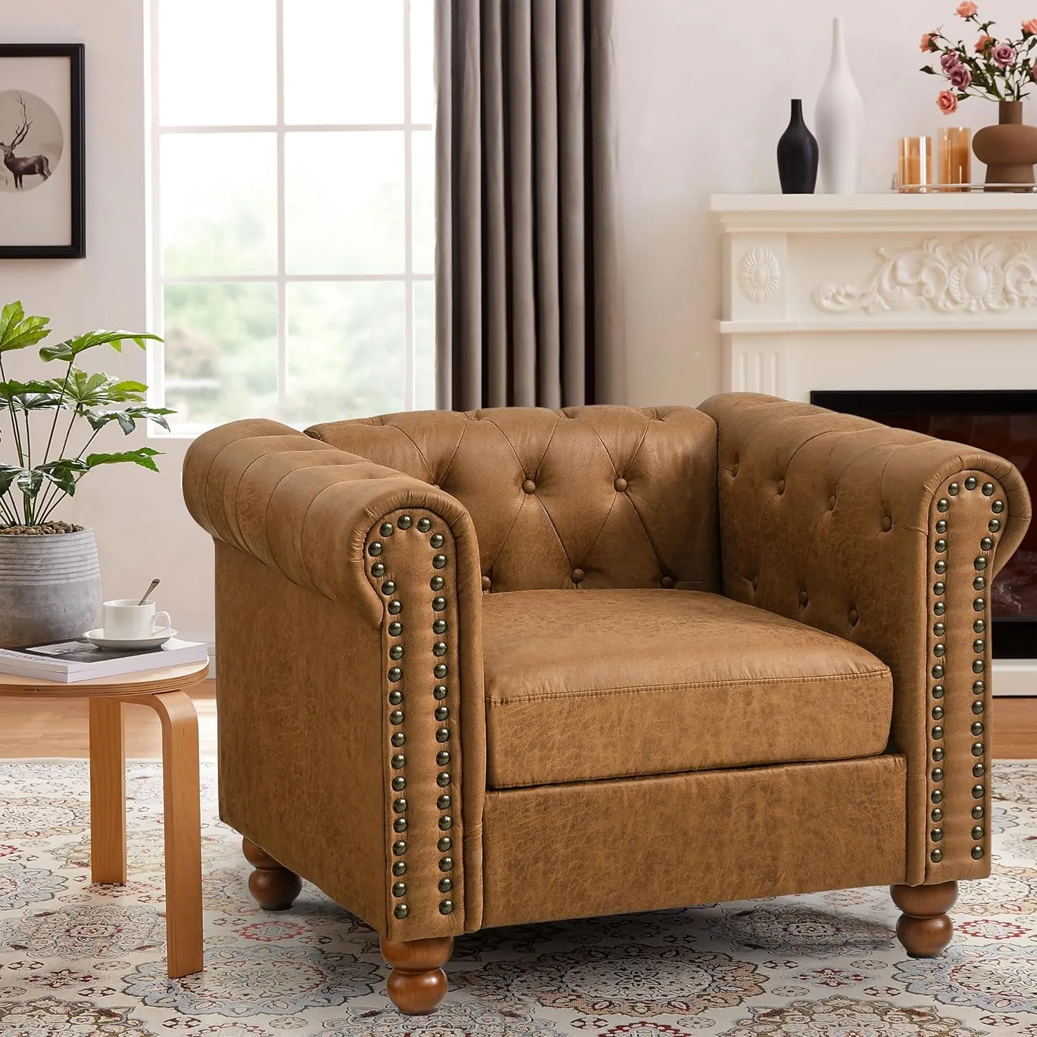 Air Leather Chesterfield Chair Club Chair, Tufted Single Sofa for Living Room, Accent Armchair with Nailhead Trim