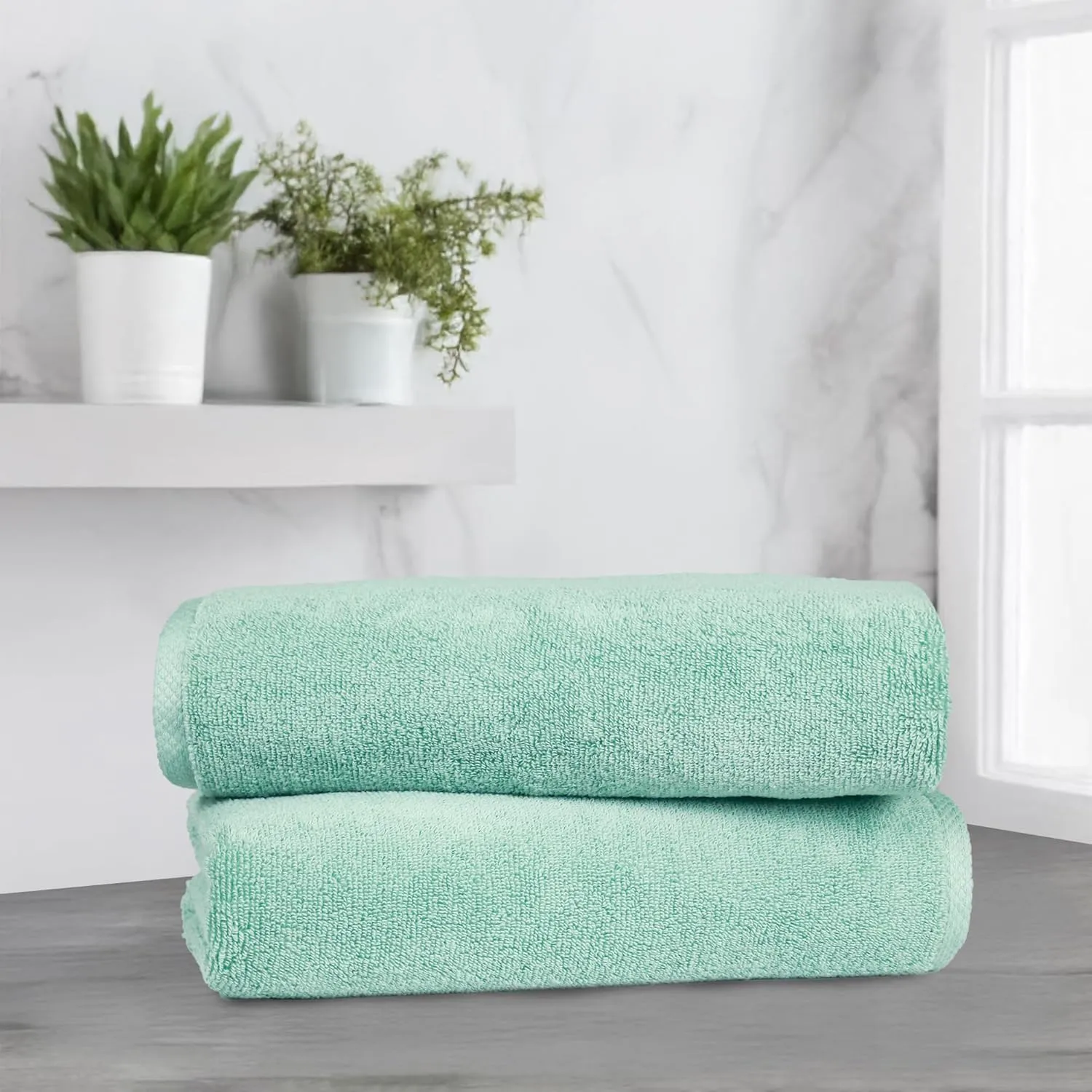 Amazon Basics 100% Cotton Quick-Dry Lightweight Moisture Absorbing Bath Towel, 2-Pack, Seafoam Green, 54" x 30"