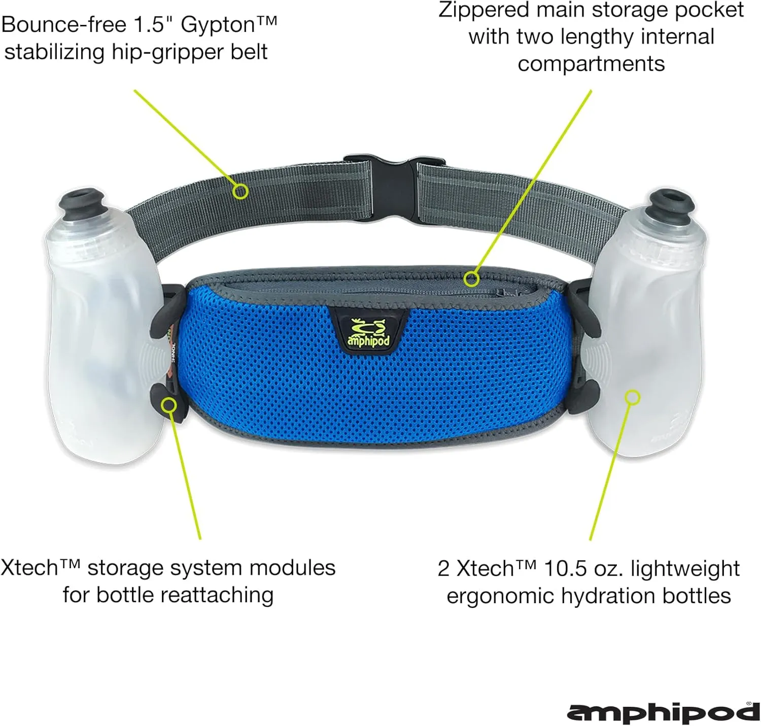 Amphipod RunLite Xtech 10K Hydration Belt, Ultra Runners Waist & Hydration Belt for Endurance Running, Racing, Men & Women - Cobalt - 21 oz