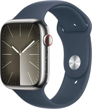 Apple Watch Series 9 [GPS   Cellular, 45mm] - Silver Stainless Steel Case with Storm Blue Sport Band, M/L (Renewed)