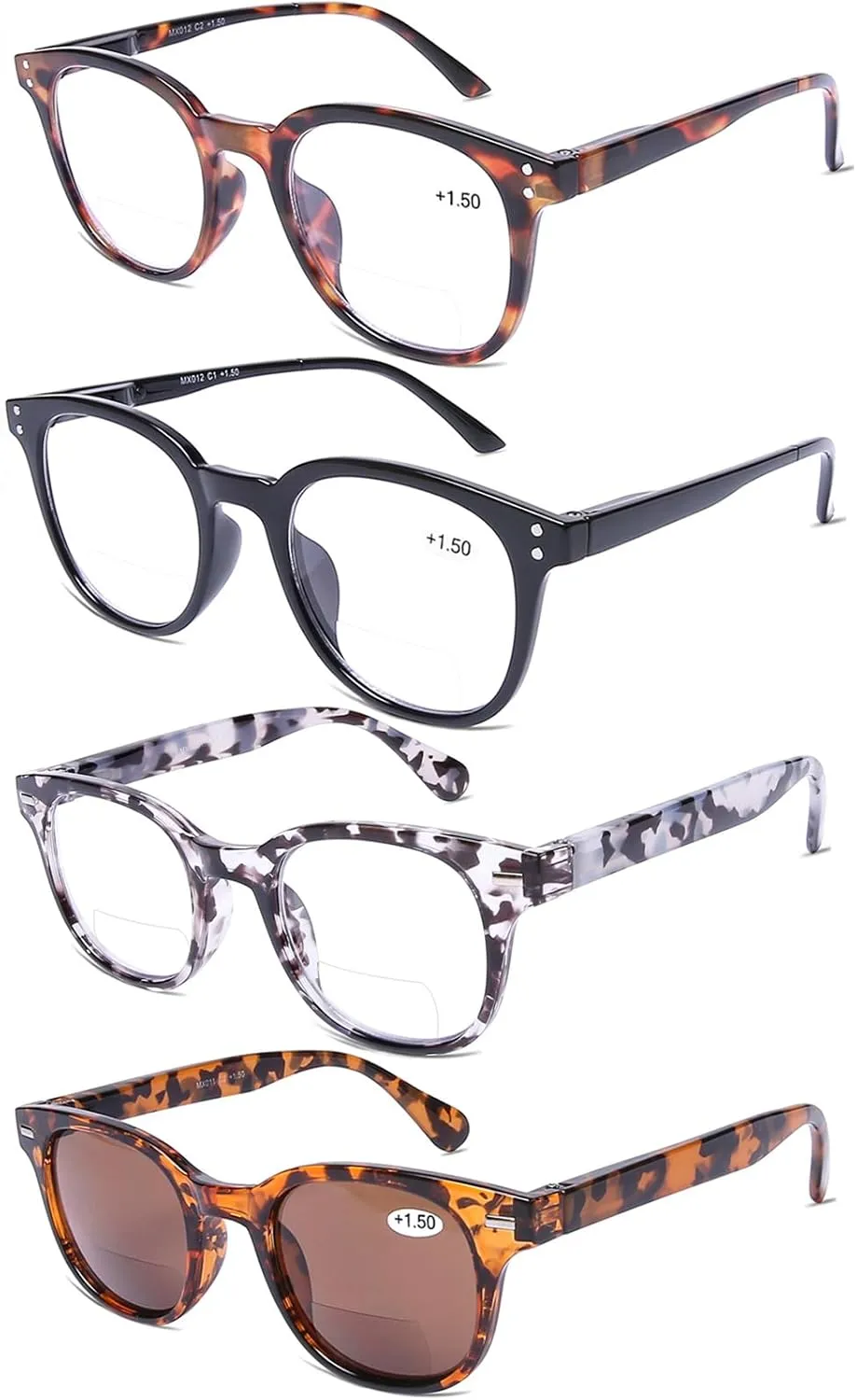 AQWANO 4 PACK Bifocal Reading Glasses for Men Women Bifocals Readers, Lightweight Comfortable Fashion with 1* Bifocal Sun Readers with Clear Top Lens, 2.5