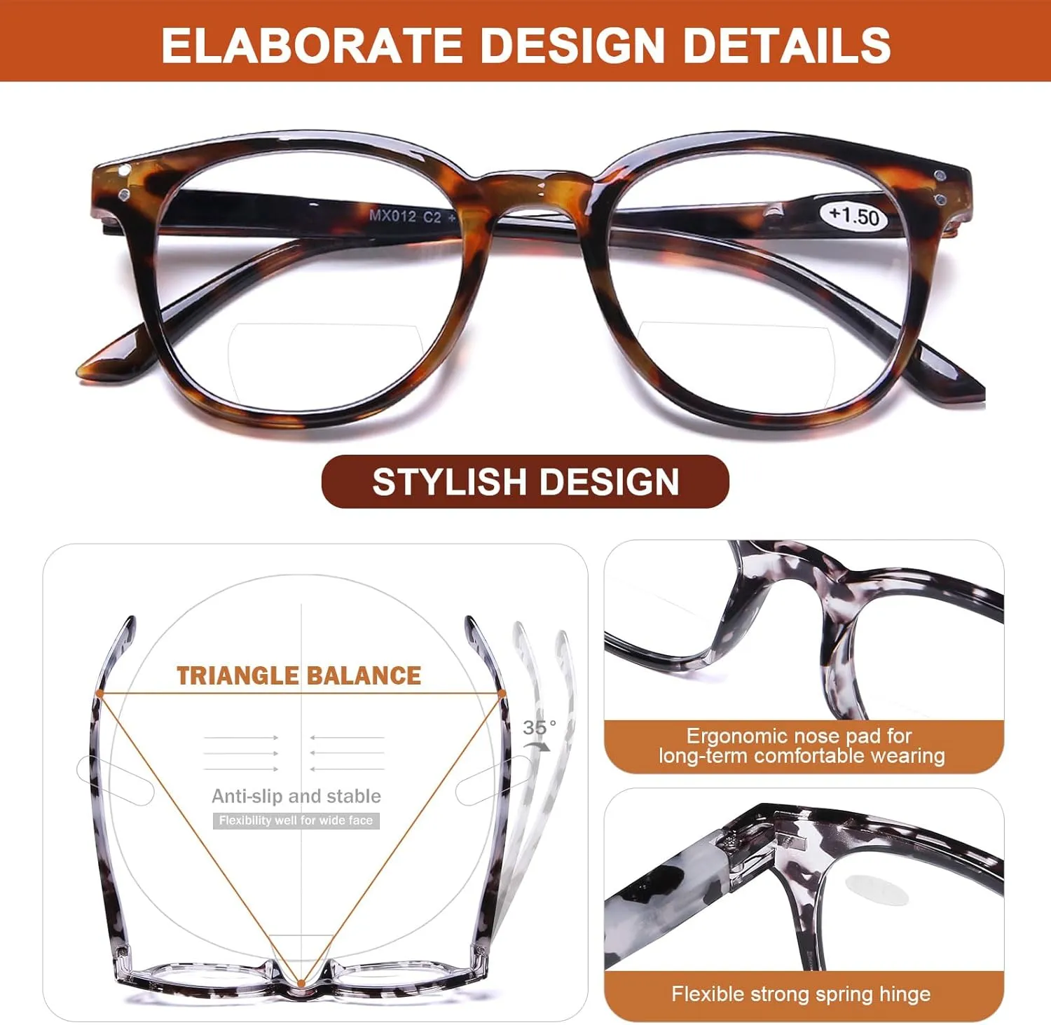 AQWANO 4 PACK Bifocal Reading Glasses for Men Women Bifocals Readers, Lightweight Comfortable Fashion with 1* Bifocal Sun Readers with Clear Top Lens, 2.5