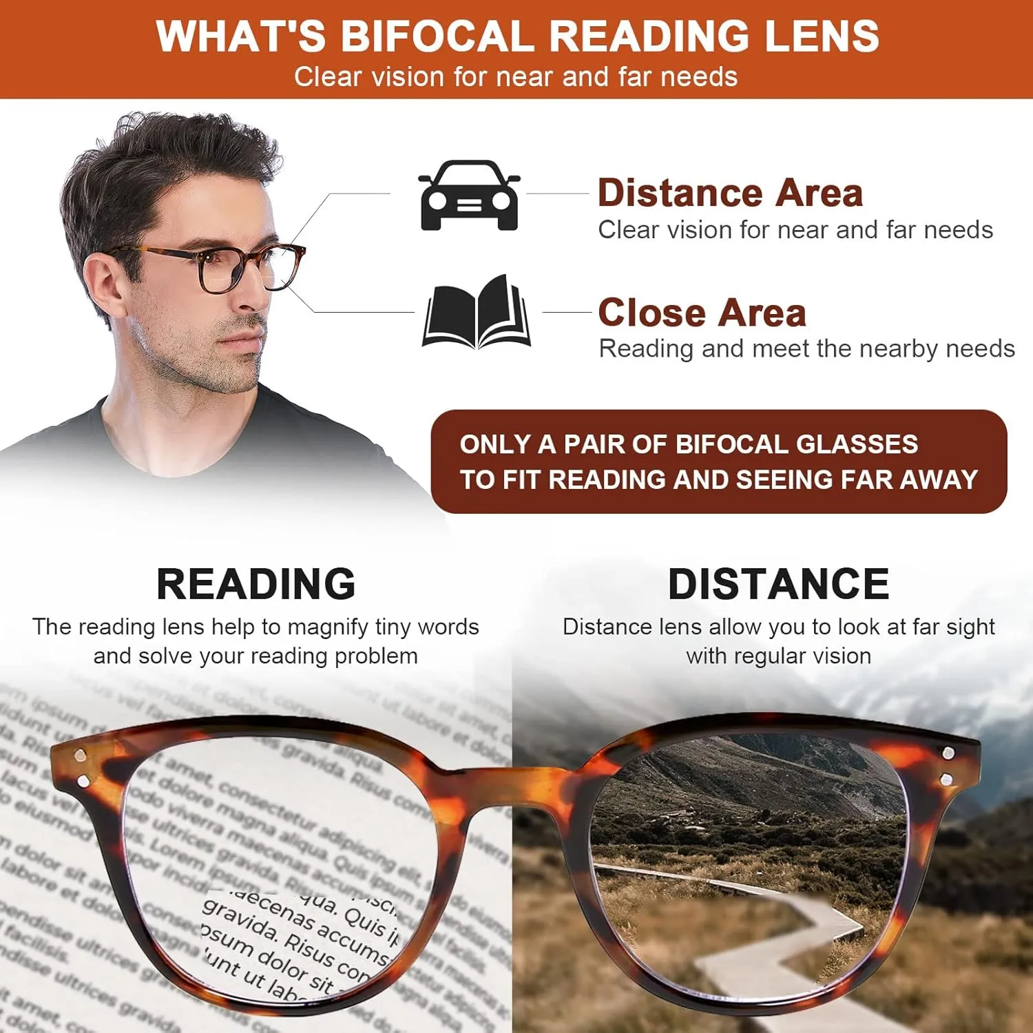 AQWANO 4 PACK Bifocal Reading Glasses for Men Women Bifocals Readers, Lightweight Comfortable Fashion with 1* Bifocal Sun Readers with Clear Top Lens, 2.5