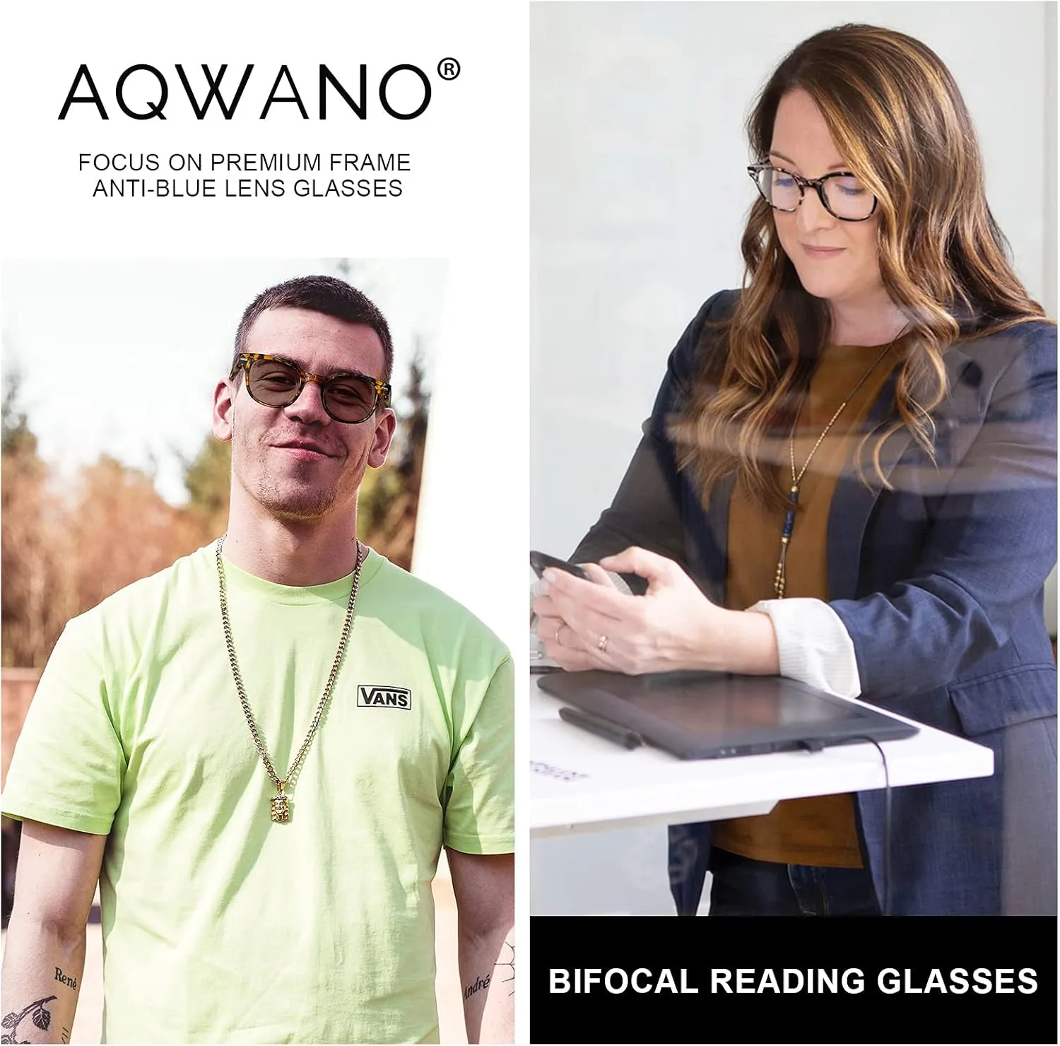 AQWANO Bifocal Reading Glasses Lightweight Comfortable Fashion Bifocal Sun Readers with Clear Top Spring Hinges for Men Women, 1.5