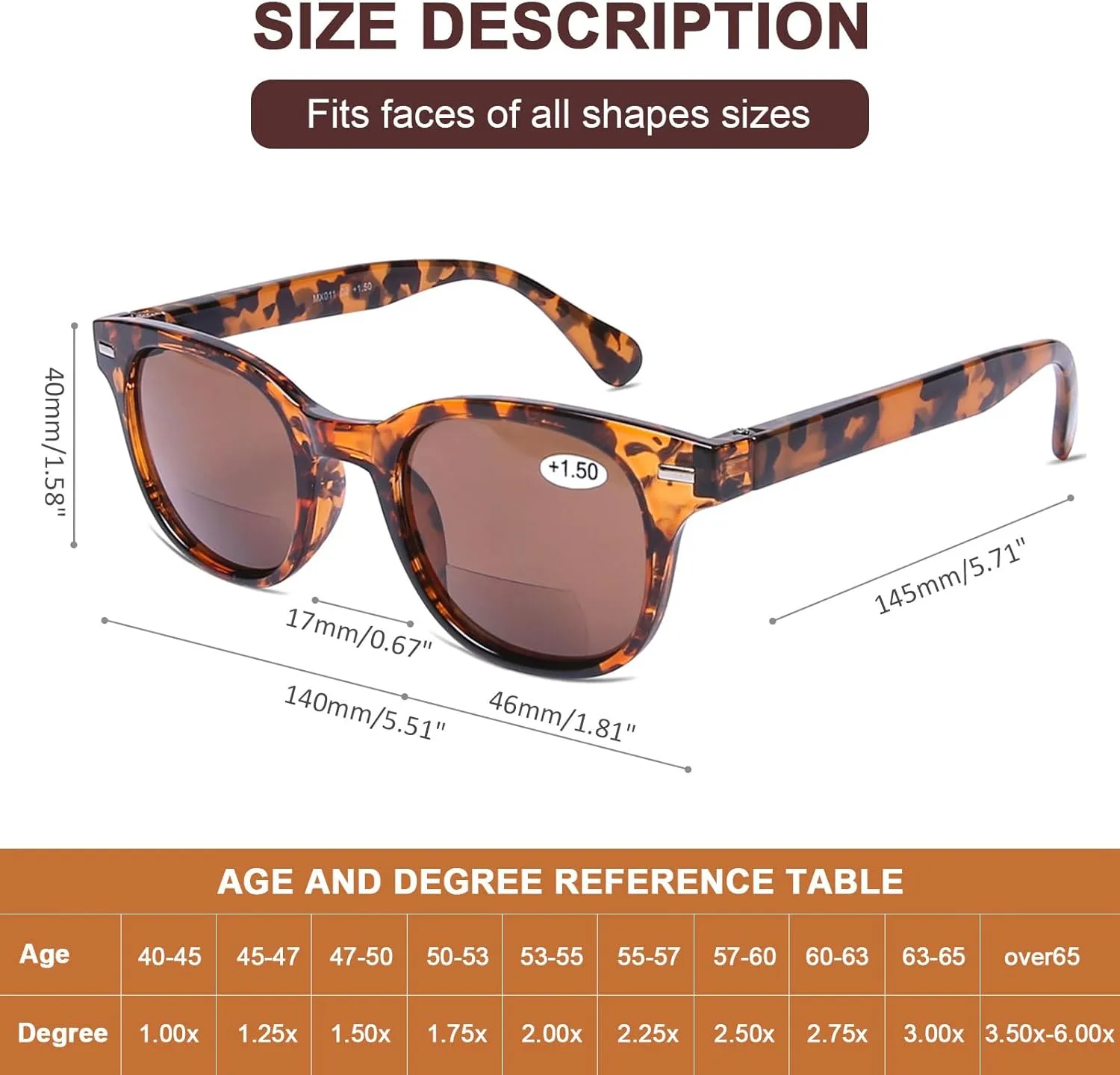 AQWANO Bifocal Reading Glasses Lightweight Comfortable Fashion Bifocal Sun Readers with Clear Top Spring Hinges for Men Women, 1.5
