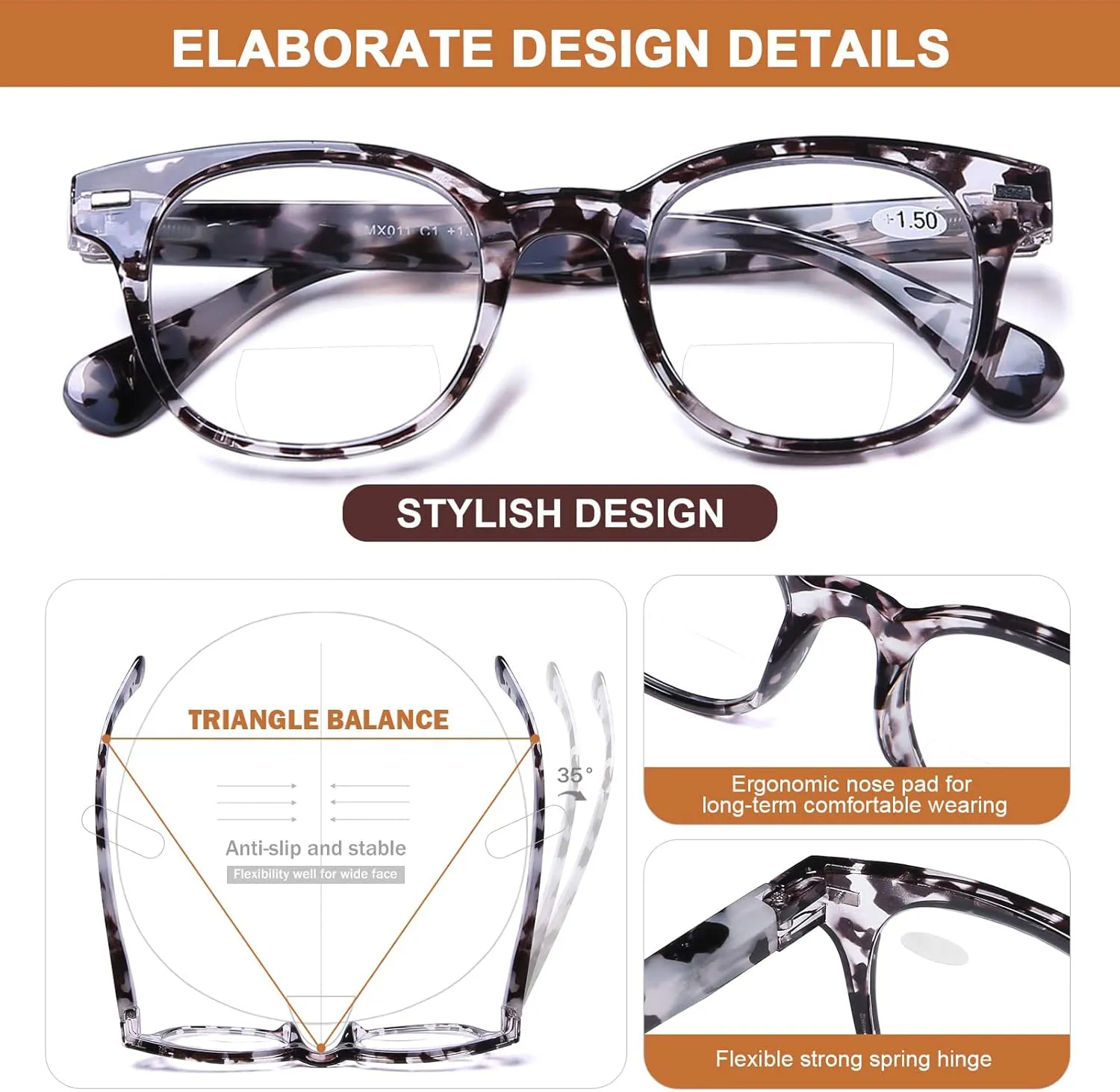 AQWANO Bifocal Reading Glasses Lightweight Comfortable Fashion Bifocal Sun Readers with Clear Top Spring Hinges for Men Women, 1.5