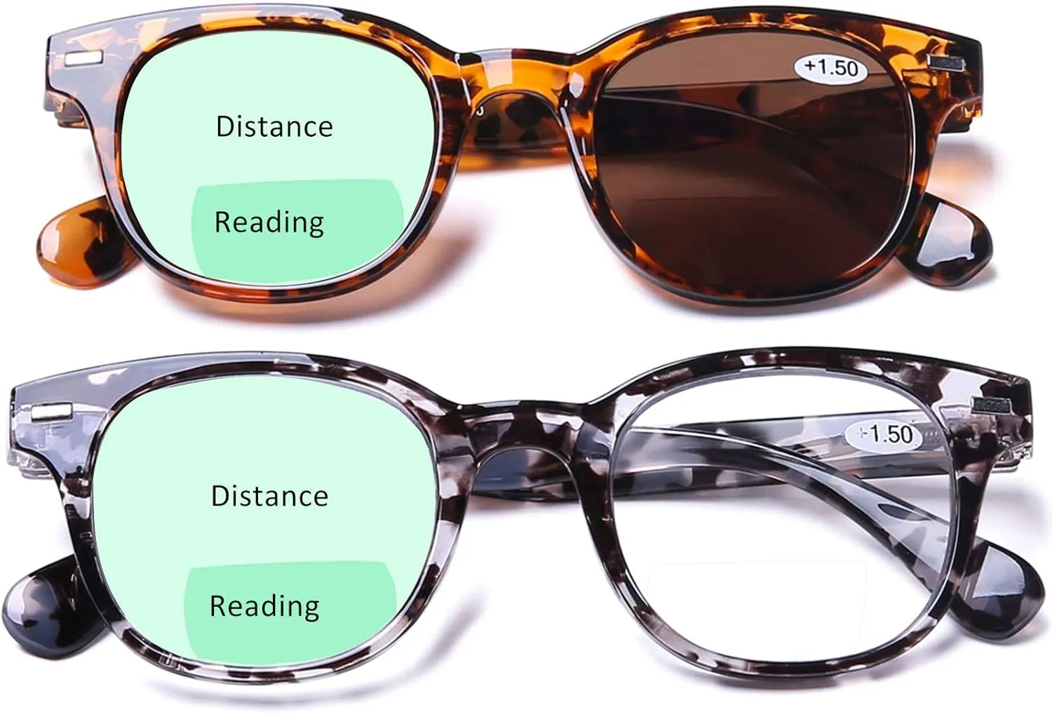 AQWANO Bifocal Reading Glasses Lightweight Comfortable Fashion Bifocal Sun Readers with Clear Top Spring Hinges for Men Women, 1.5