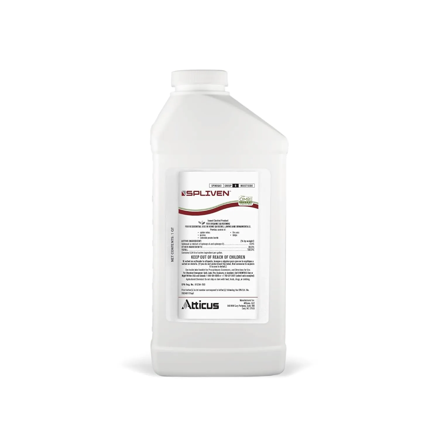 Atticus Spliven Organic Insecticide (32 oz) – 0.5% Spinosad Concentrate - Outdoor Insecticide for Vegetable Garden, Lawns and Landscapes