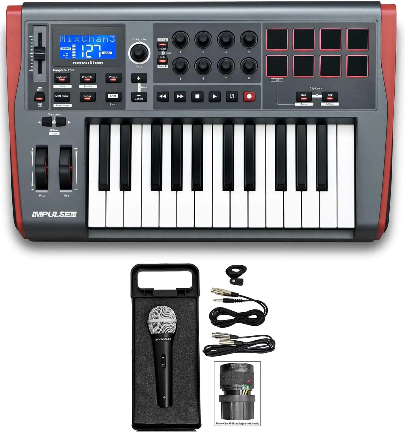 Audiosavings Bundle: (1) Novation IMPULSE 25 Ableton Live 25-Key MIDI USB Keyboard Controller Bundle with (1) Rockville RMC-XLR High-End Metal DJ Handheld Wired Microphone Mic w (2) Cables (2 Items)