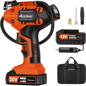 Avid Power Tire Inflator Portable Air Compressor, 20V Cordless Rechargeable Battery Tire Pump w/ 12V Car Power Adapter, Digital Pressure Gauge, Auto Air Pump for Many Inflatables (Orange)