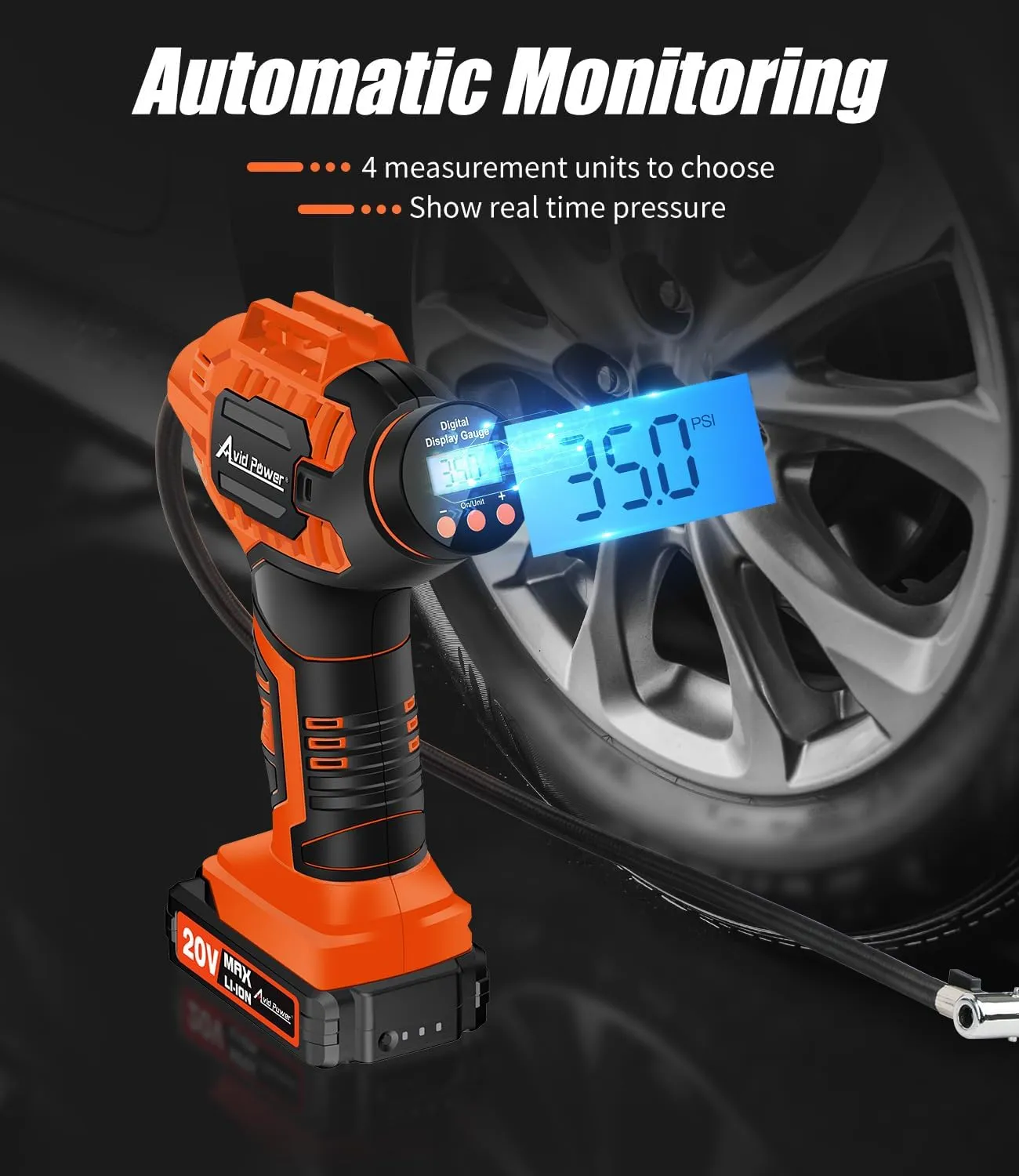 Avid Power Tire Inflator Portable Air Compressor, 20V Cordless Rechargeable Battery Tire Pump w/ 12V Car Power Adapter, Digital Pressure Gauge, Auto Air Pump for Many Inflatables (Orange)