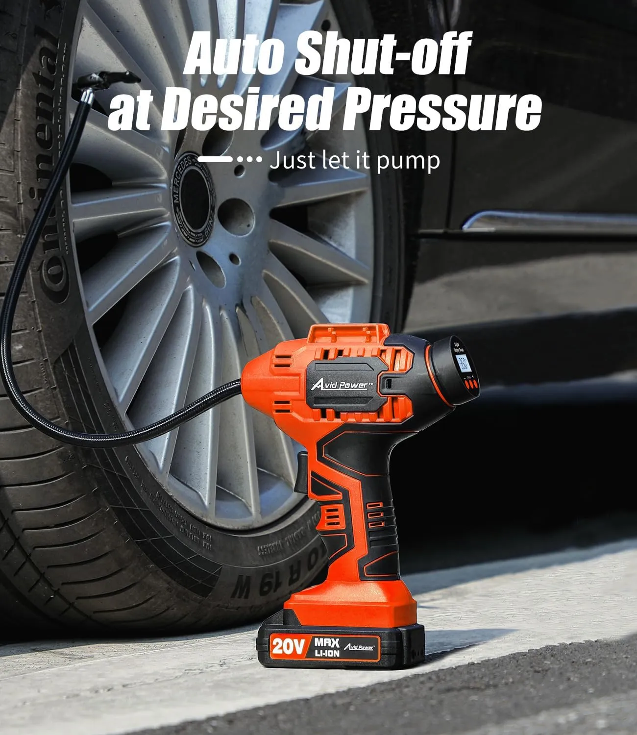 Avid Power Tire Inflator Portable Air Compressor, 20V Cordless Rechargeable Battery Tire Pump w/ 12V Car Power Adapter, Digital Pressure Gauge, Auto Air Pump for Many Inflatables (Orange)