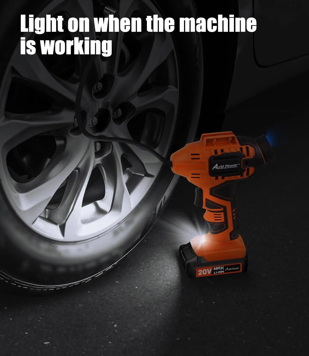 Avid Power Tire Inflator Portable Air Compressor, 20V Cordless Rechargeable Battery Tire Pump w/ 12V Car Power Adapter, Digital Pressure Gauge, Auto Air Pump for Many Inflatables (Orange)