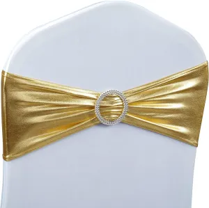 Babenest Spandex Chair Sashes Bows 50PCS Premium Stretch Chair Cover Band with Buckle Slider Universal Elastic Chair Ties for Wedding Party Ceremony Reception Banquet Decoration (Metallic Gold)